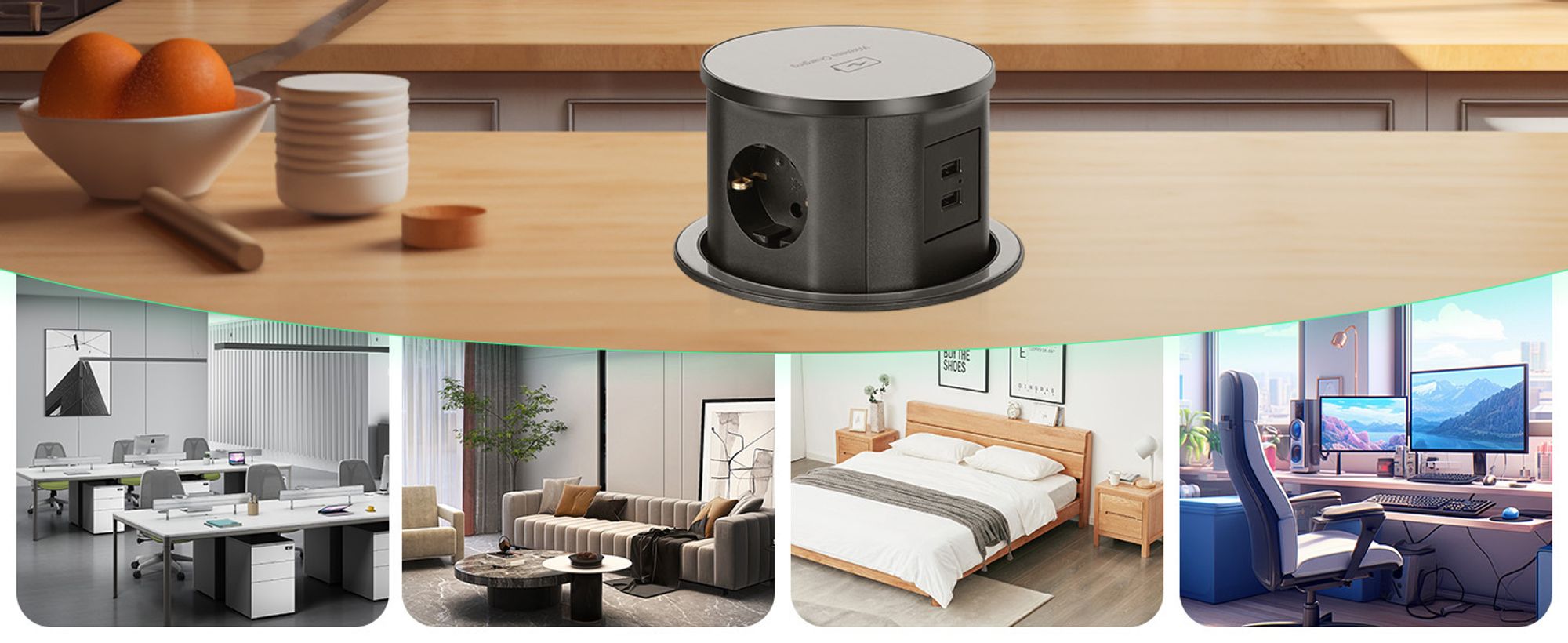 Mehrfachsteckdosen Versenkbare Steckdose 2USB A 3 Fach Tischsteckdose Steckdosenleiste mit 15W Kabellosem Ladegerät Einbausteckdose für Arbeitsplatte