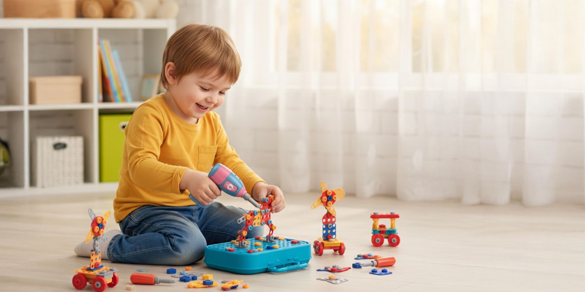 Dinosaurier Konstruktionsspielzeug 228 Teile, Montessori Werkzeugkasten mit Elektroschrauber, 3D Mosaik Steckspiel ab 3 Jahren, EVI TOYS
