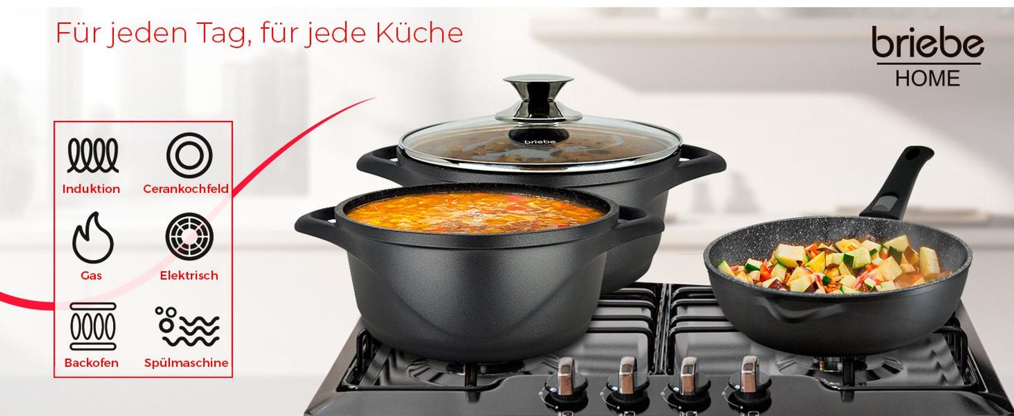Briebe MGK1219 Kochtopf Set Induktions 12-Teilig Aluminiumguss 4 Kochtöpfen 2 Bratpfanne Schwarz