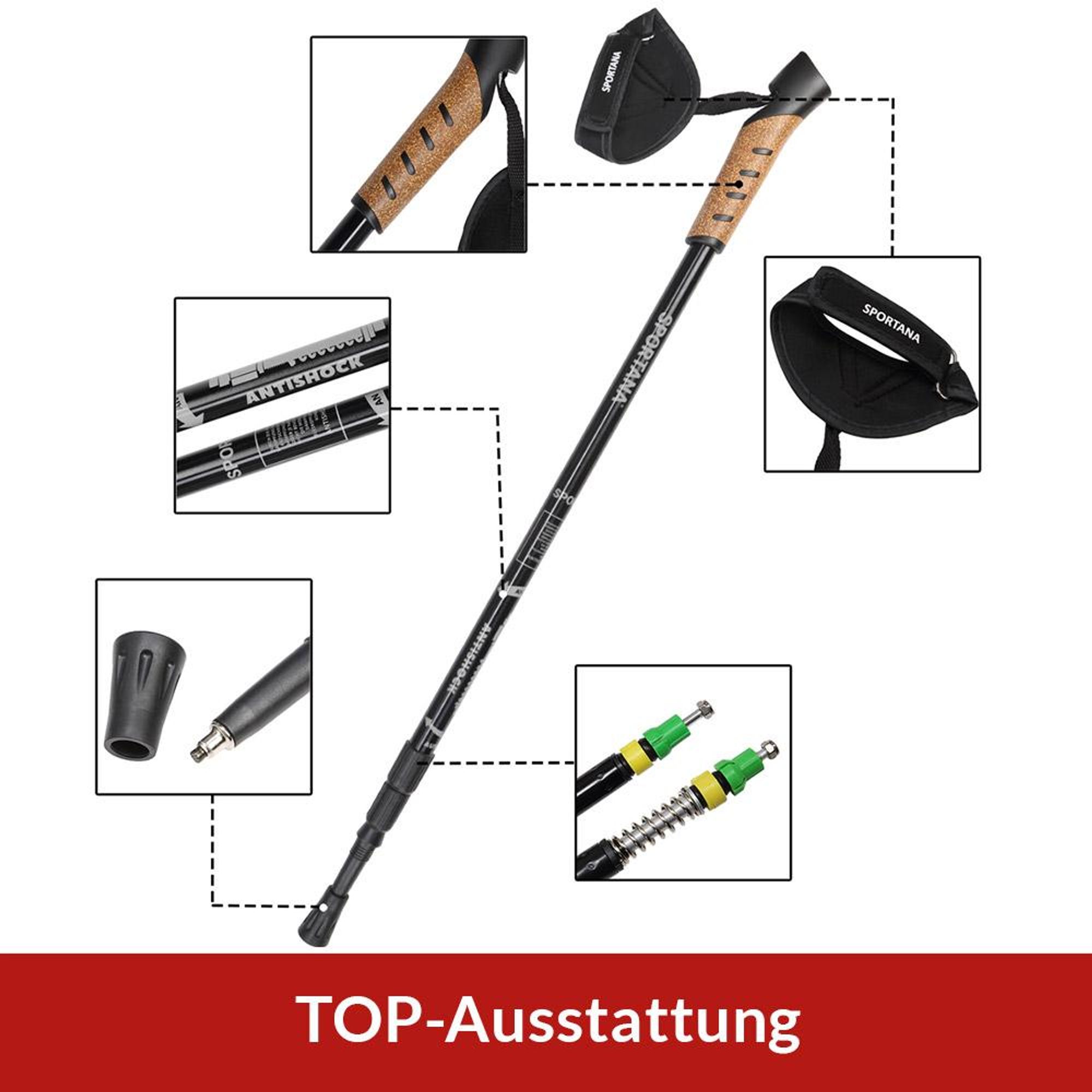 SPORTANA® Wanderstöcke Teleskop Aufsätze Gummipuffer Nordic Walking Stöcke Verstellbar 68-135cm Dämpfung Leicht Alu Kork Herren Damen Trekkingstöcke