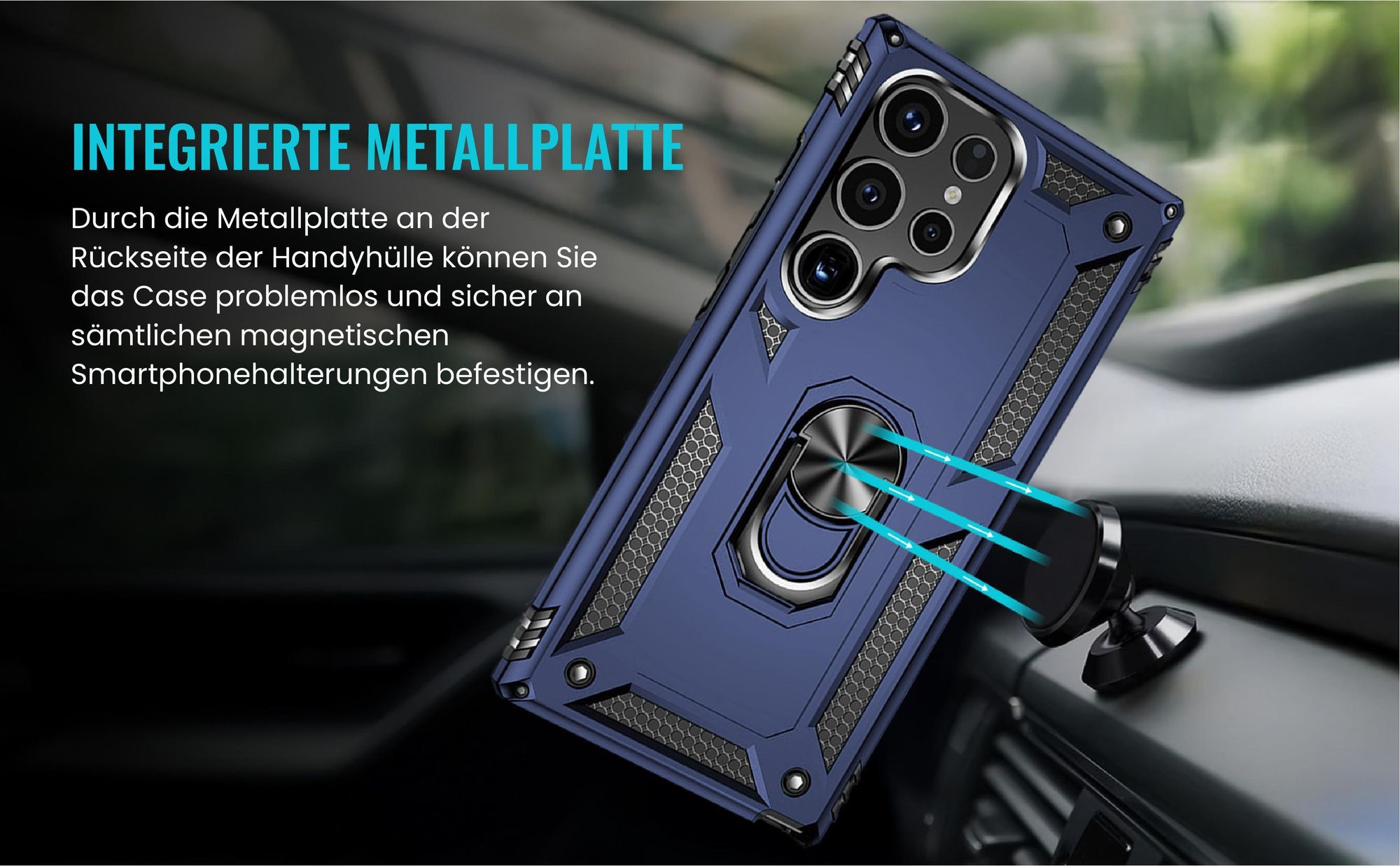 Bumper für Samsung Galaxy S24 Ultra in Blau mit Metallplatte
