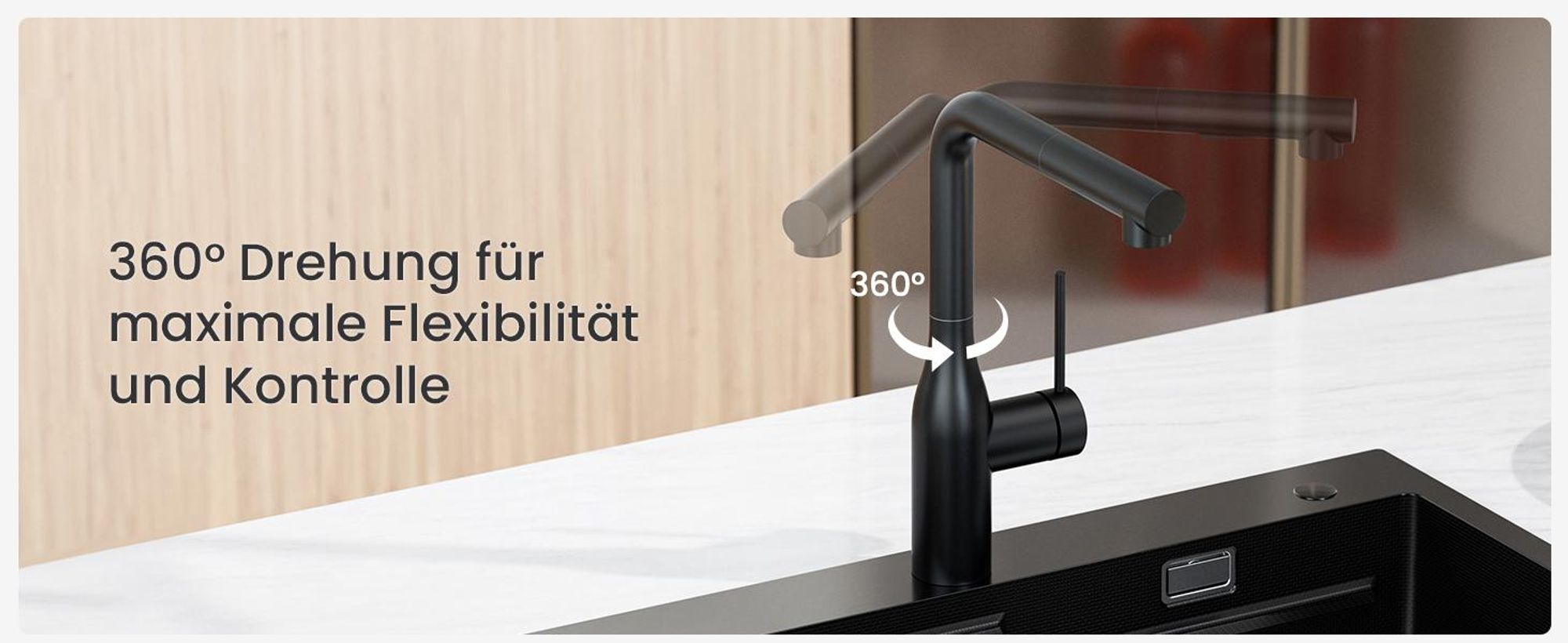 Cecipa MAX 304 Edelstahl Küchenarmatur | 360° Drehbar & Ausziehbar | Schwarz Matt | Zwei Wasserausgänge