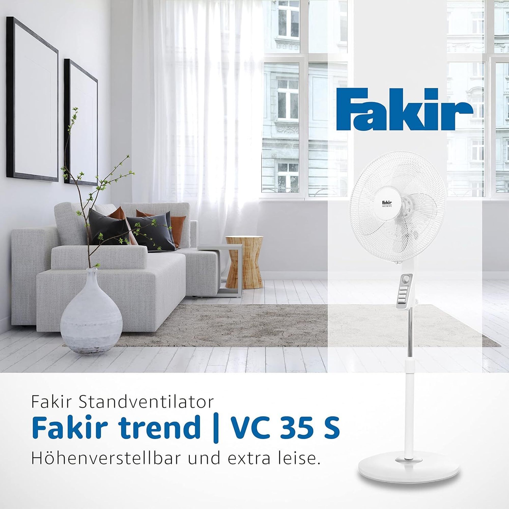 Fakir VC 35 S prestige Standventilator, 45 cm Ø, extra leise, Oszillation, verstellbar, Timerfunktion