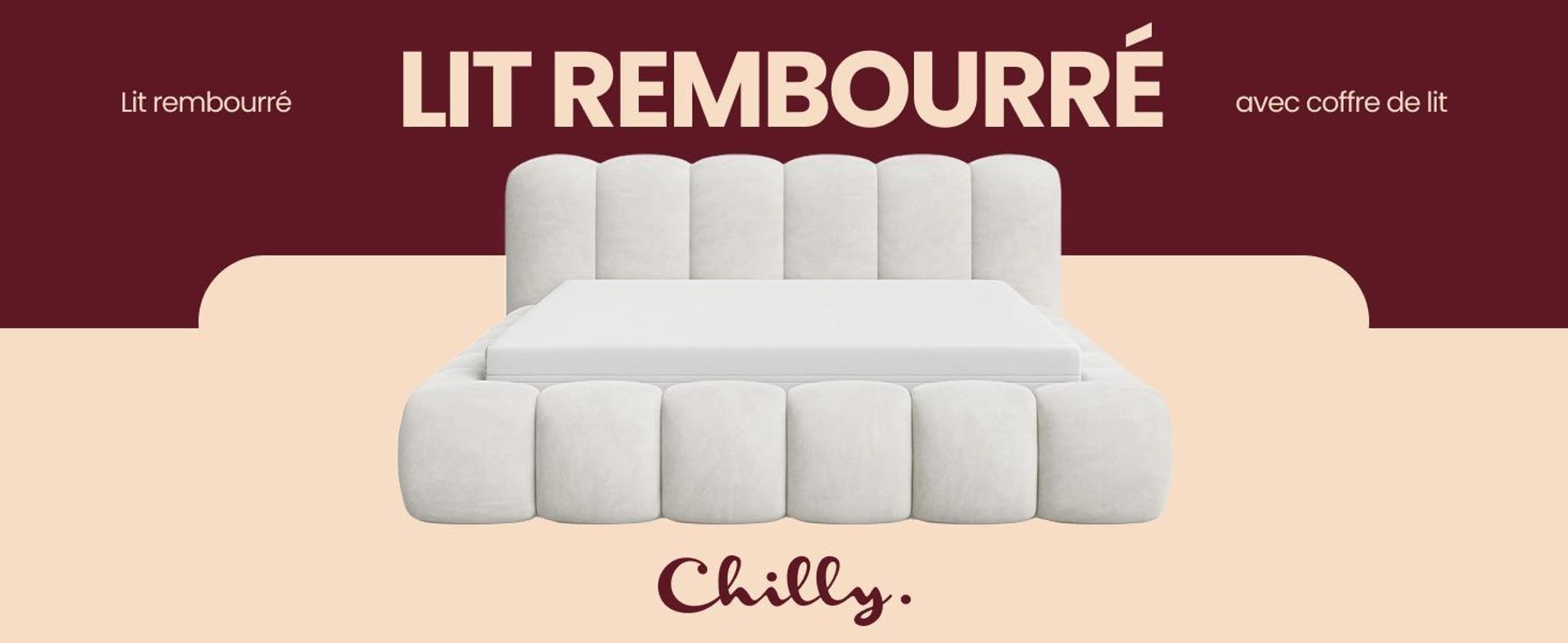 Chilly Möbel Design Lit Como - Lit rembourré avec coffre, sommier et tête de lit 180x200 cm / Bouclé / Marron