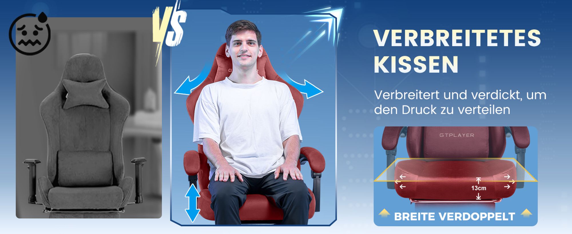 GTPLAYER Gaming Stuhl Ergonomischer Gaming Sessel Schreibtischstuhl Bürostuhl mit Stoffoberfläche Federsitzkissen, Verbindungsarmlehnen, mit Fußstütze