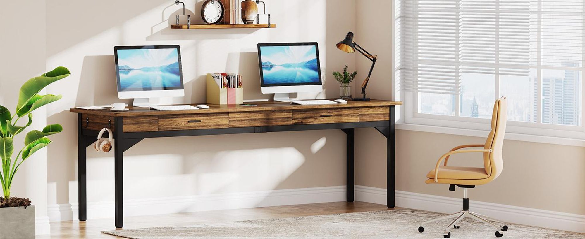 Tribesigns Bureau, computerbureau, 200 x 60 x 82 cm, dubbel bureau met 2 lades, computerbureau, kantoorbureau, werkplek, eettafel, bruin