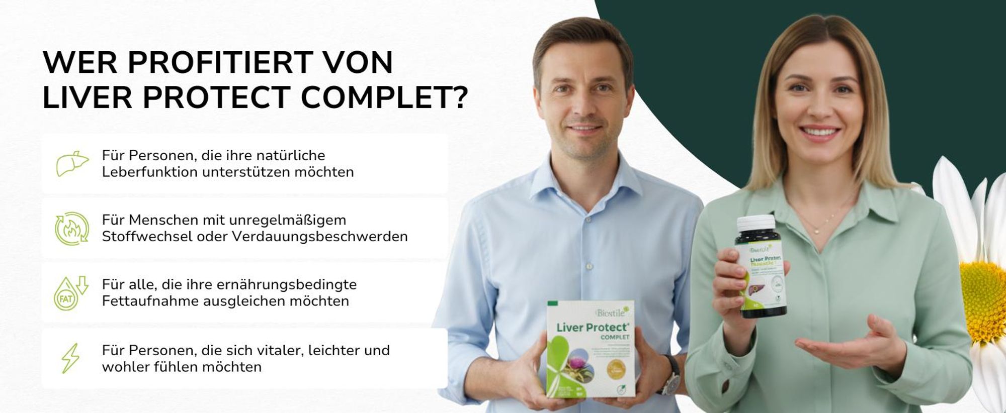 Frau und Mann mit Liver Protect Complet Packung und Kapseldose