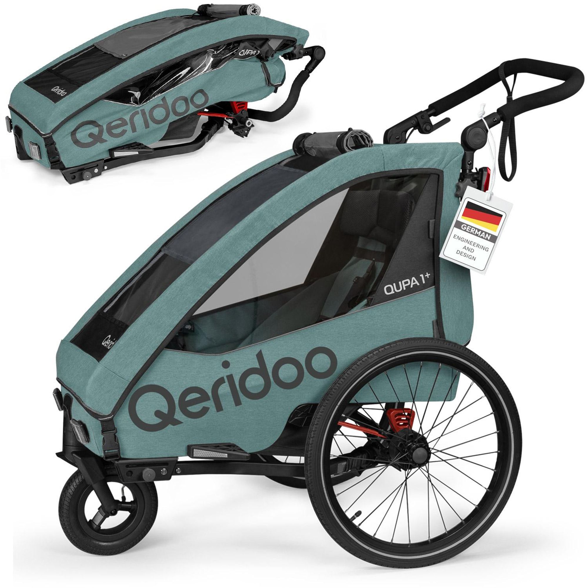 Qeridoo QUPA Plus 1 - Kinderfahrradanhänger für 1 Kind, Farbe: Mineral Blue