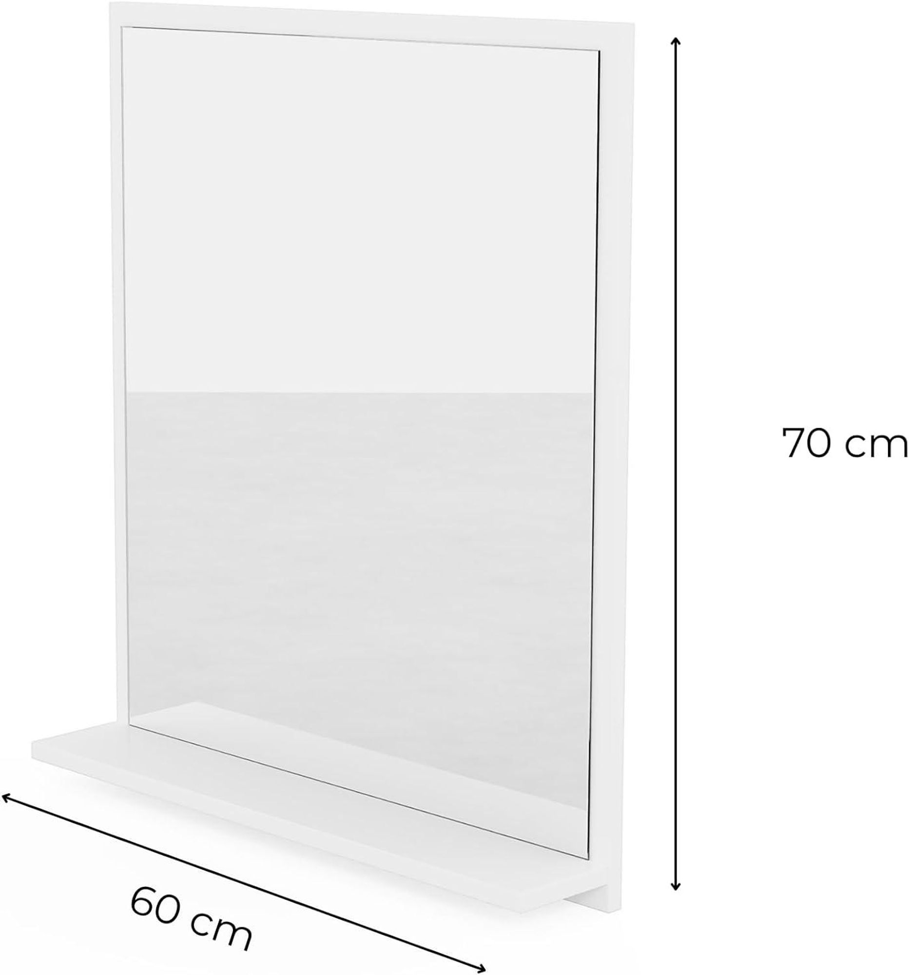 Badspiegel mit Ablage Weiß - H:70 x B: 60 cm - Bathroom Mirror - Moderner Badezimmer Spiegel Rechteckig - Wandspiegel mit Regal