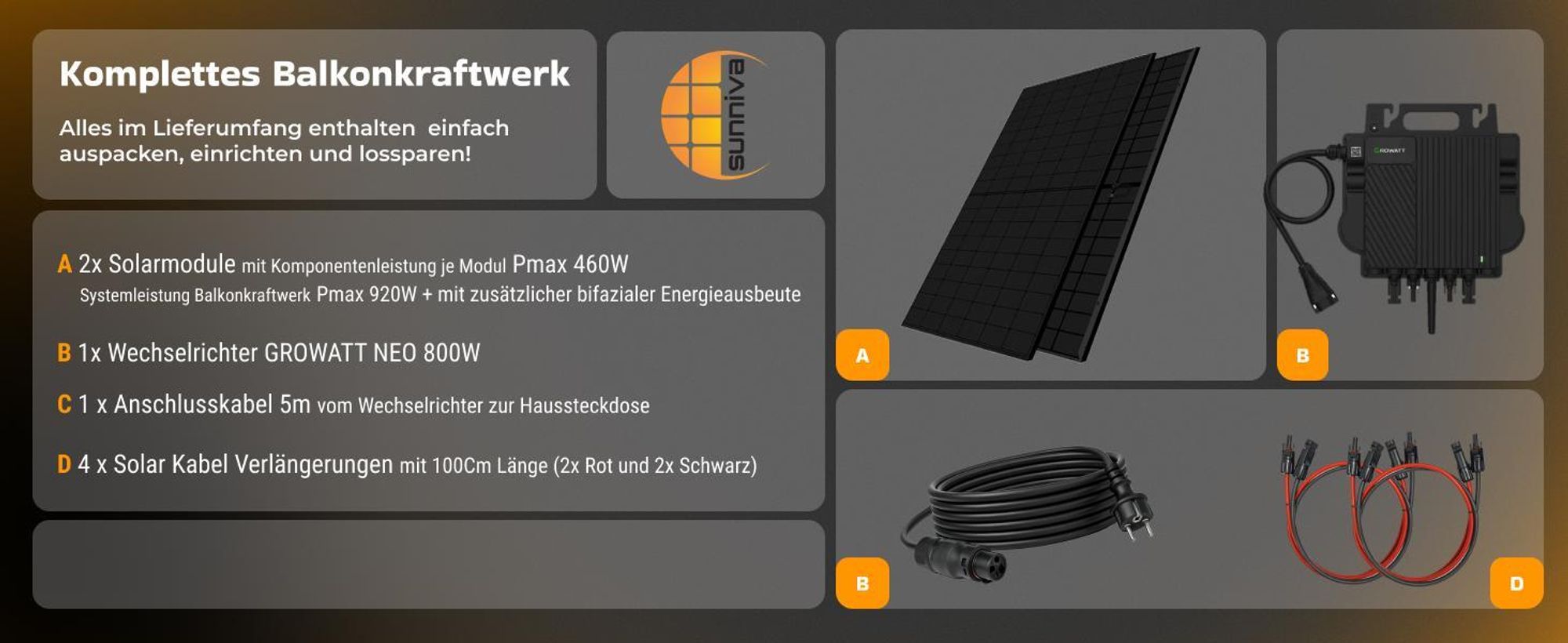 SUNNIVA 920W Balkonkraftwerk BIFAZIAL FULLBLACK komplett Steckdose GROWATT NEO-800M-X 800W Wechselrichter, Solaranlage 2x460W Glas Solarmodule,5m Kabel