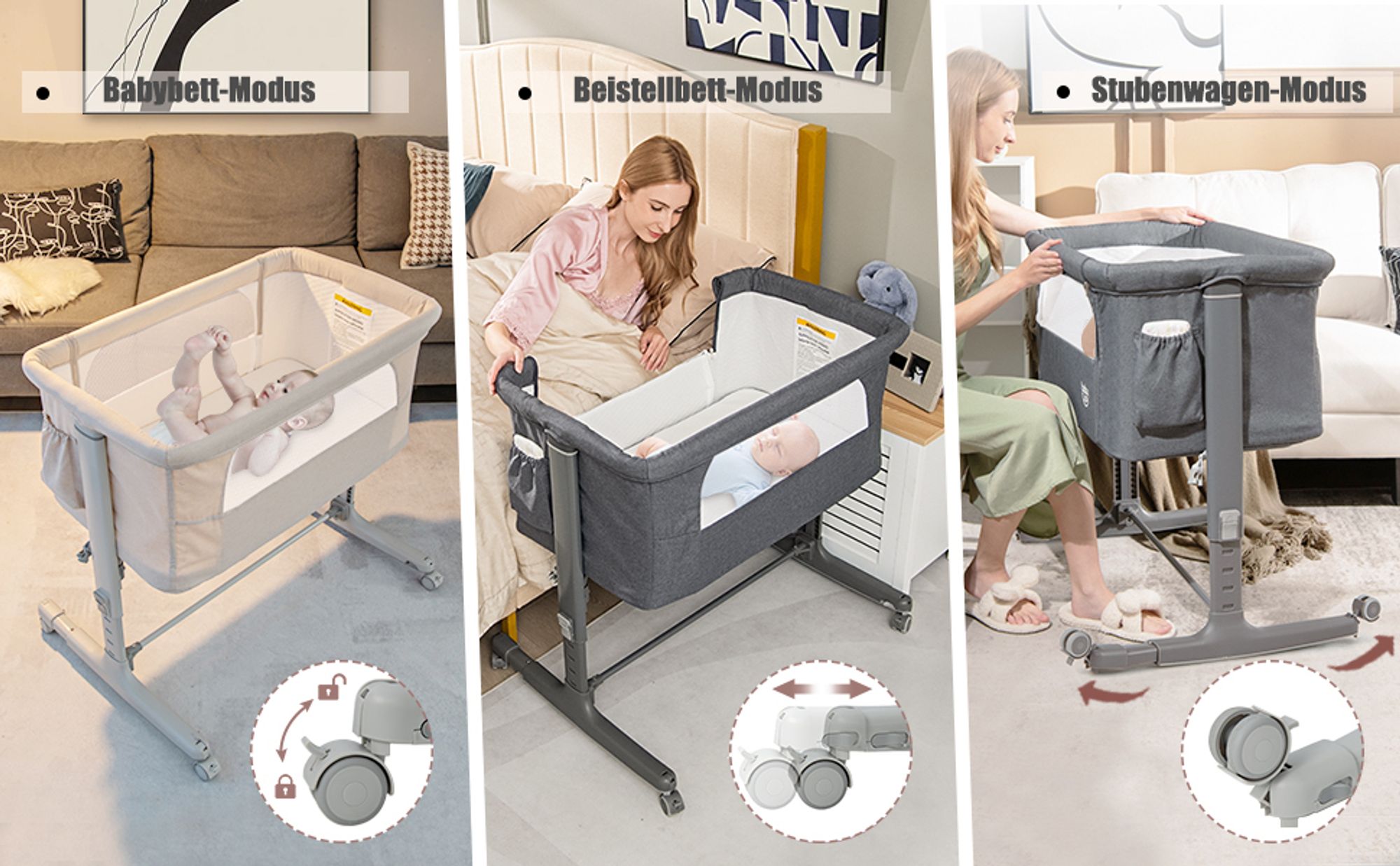 2 in 1 Beistellbett & Babywiege, 5-stufig Höhenverstellbar Babybett mit Matratze, Zustellbett Kinder ab Geburt bis 9 kg, 10° Neigung Reisebett Baby mit Rollen (Dunkelgrau)