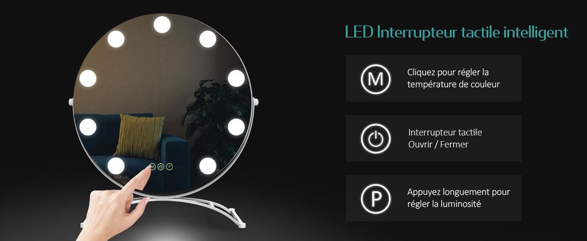 Miroir cosmétique EMKE Hollywood 58 x 50 cm Miroir de maquillage rond avec éclairage LED et grossissement 7x, 3 couleurs de lumière réglables, blanc