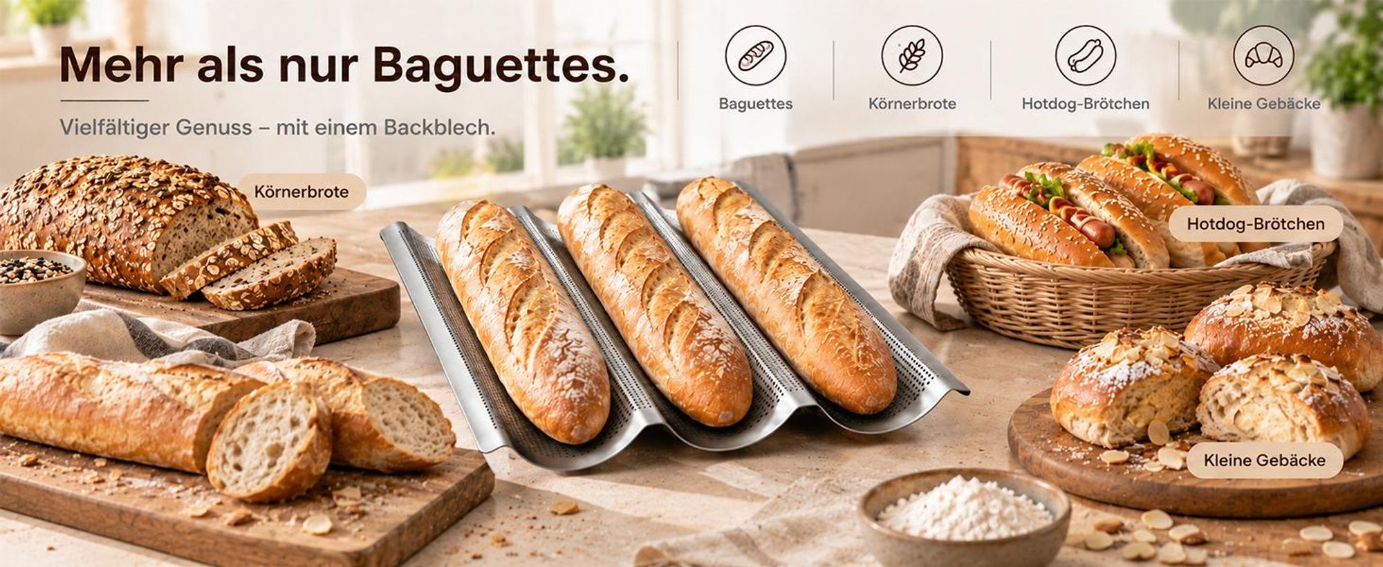 Baguette Backform 3er Baguette-Backblech zuverlässig knuspriges Baguette - Ideal als Baguetteblech, Brotbackform
