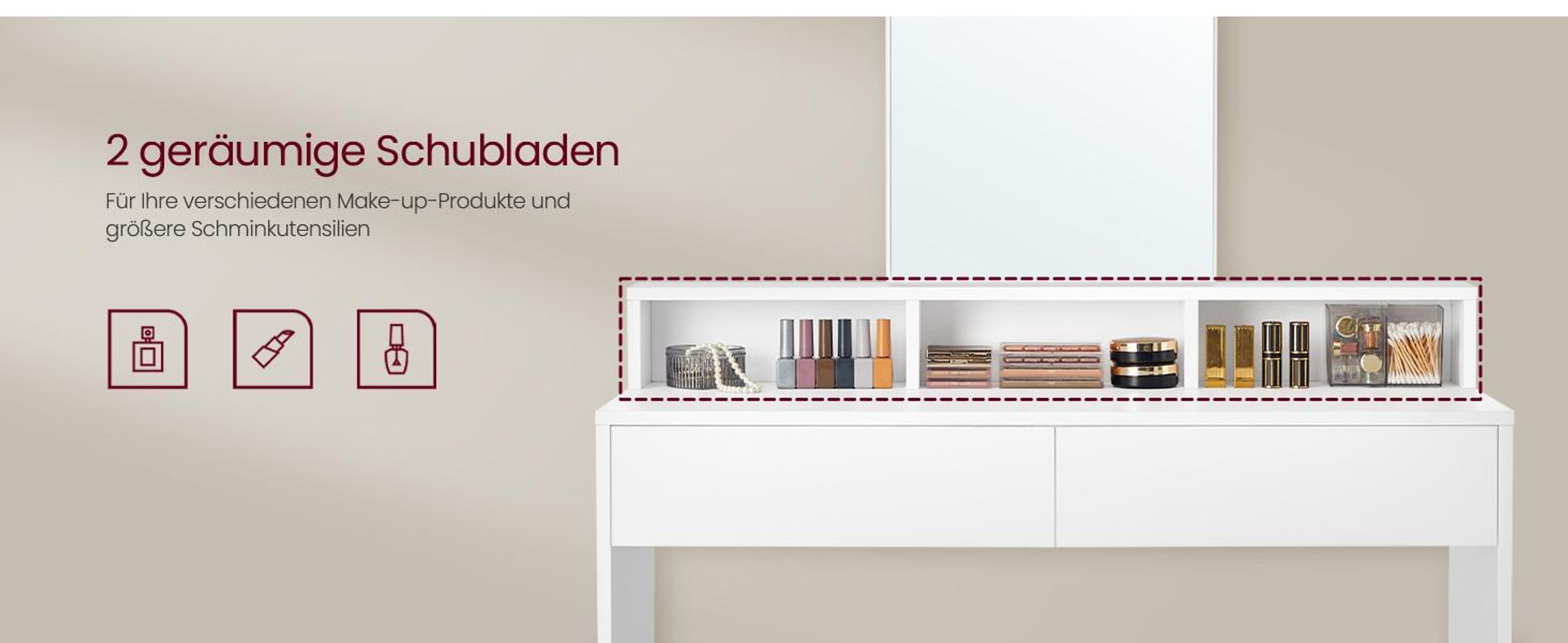 VASAGLE Schminktisch, großem Spiegel, 2 Schubladen, 3 offene Fächer, weiß, Modern