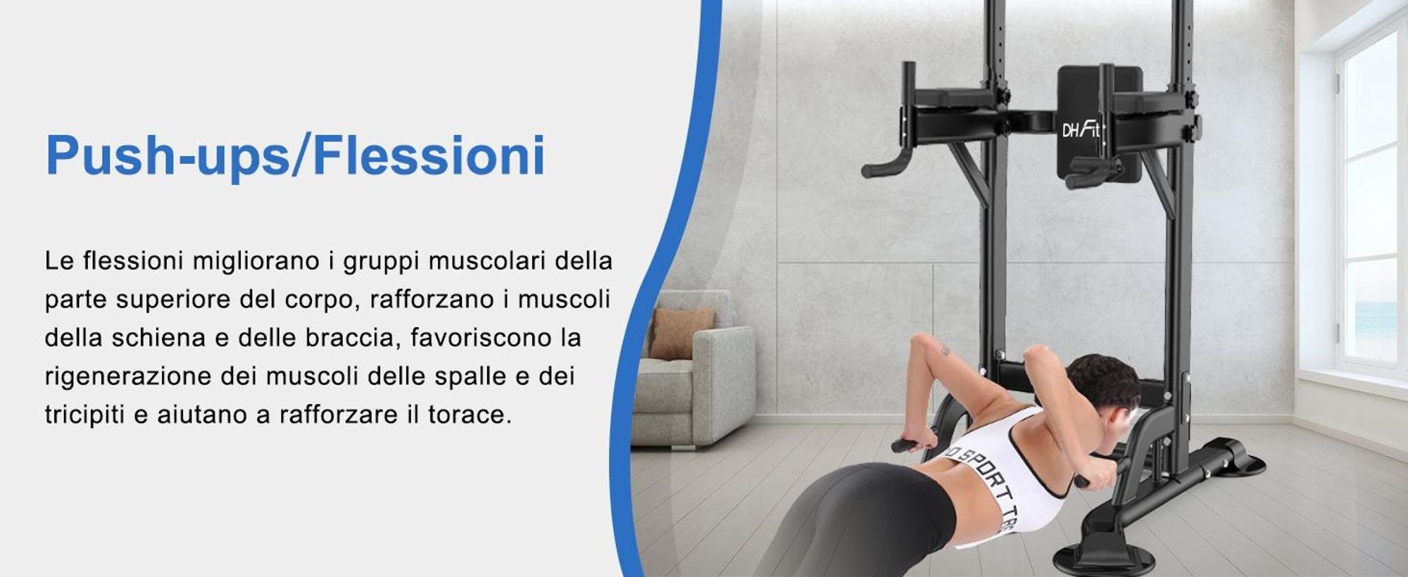 DH FitLife Power Tower Dip Station - Attrezzatura per allenamento a casa, con barra per trazioni e supporto regolabile