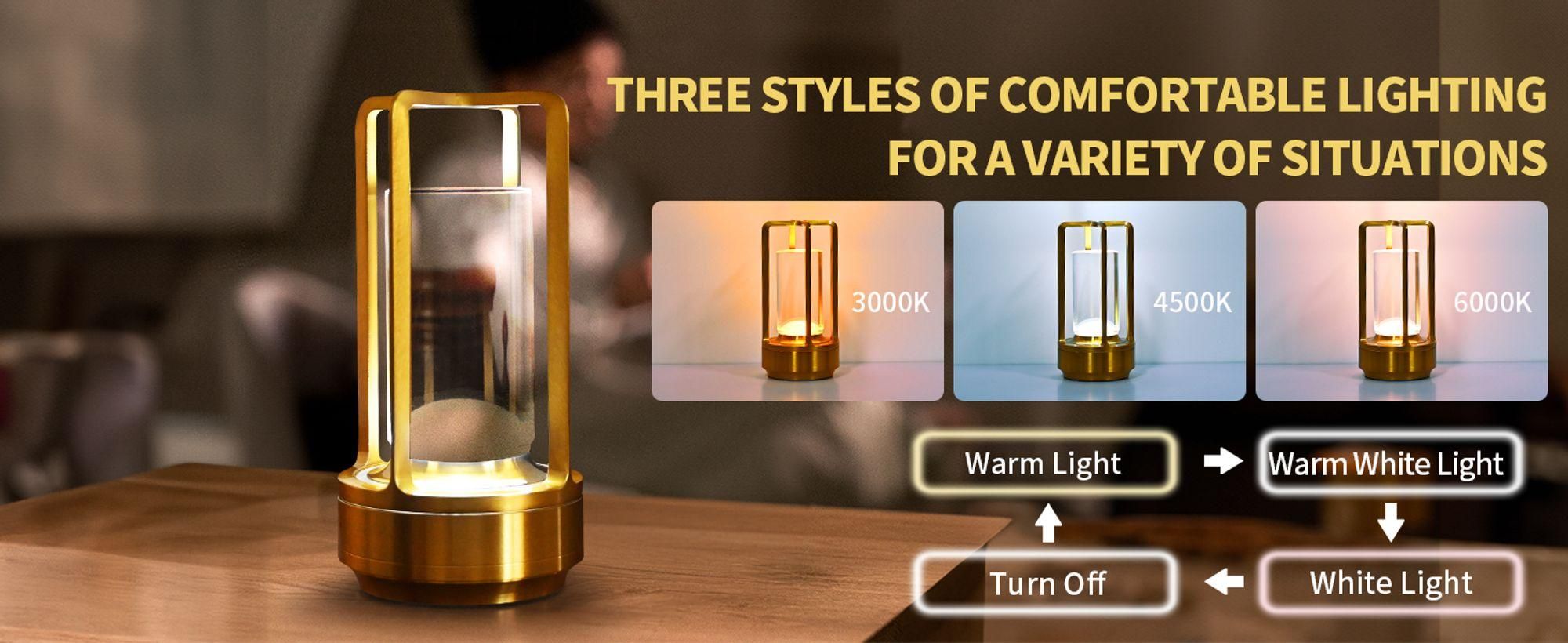 LED Touch Tischlampe Kabellose, Nachttischlampen 2000mAh, 3-Farben Stufenlos Dimmbar, USB wiederaufladbar Campinglampen, Gold, für Camping & Zuhause