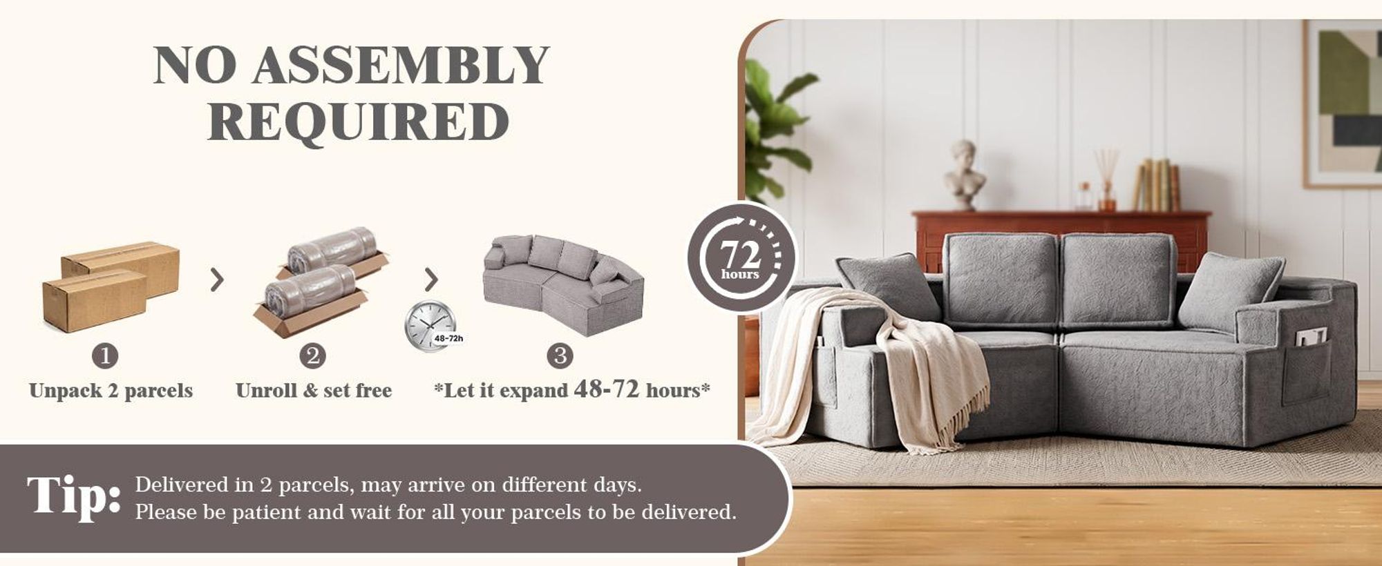 COMHOMA Sofa, 2-zits, 228 x 75 x 67 cm, modulaire slaapbank, gestoffeerde bank, met opbergzak, bank met slaapfunctie, geen montage nodig