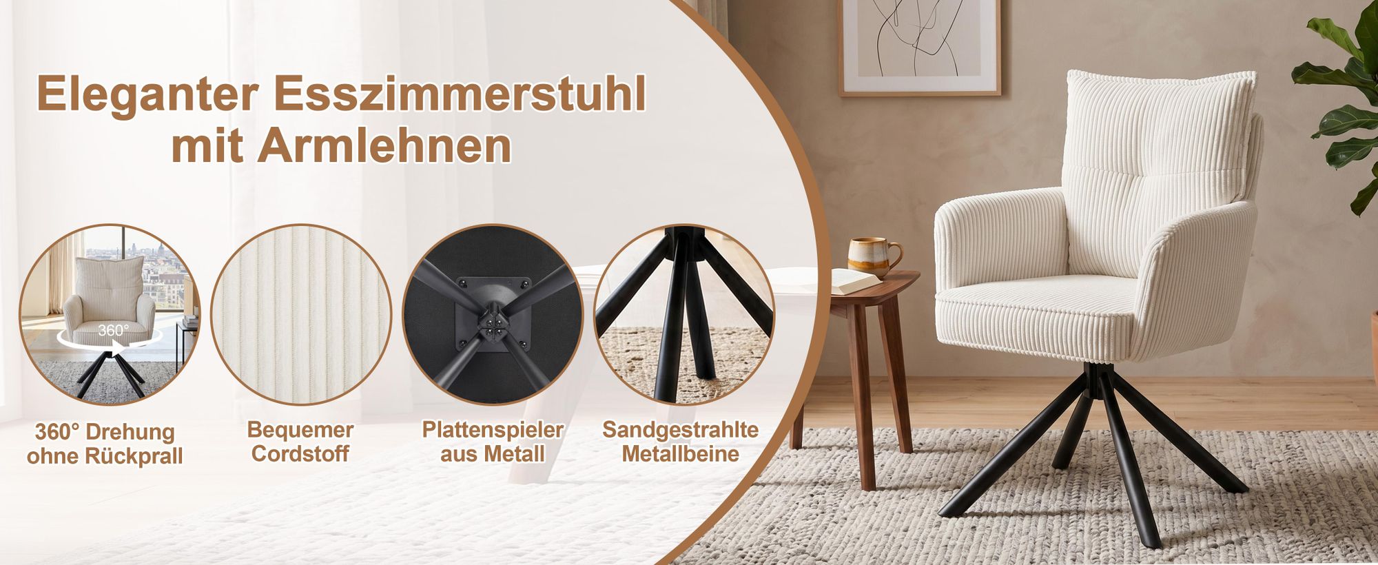 Duhome Esszimmerstuhl Armlehnstuhl Drehbar aus Kordsamt, 360° Drehstuhl Schminktisch Stuhl Computerstuhl für Esszimmer Wohnzimmer Küche Weiß