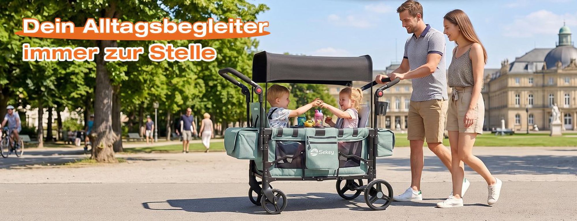 Sekey Bollerwagen Faltbar mit Dach Zwillingsmodus Kinderwagen Doppelsitz mit 2x 5-Punkt-Gurtsystem, Blau