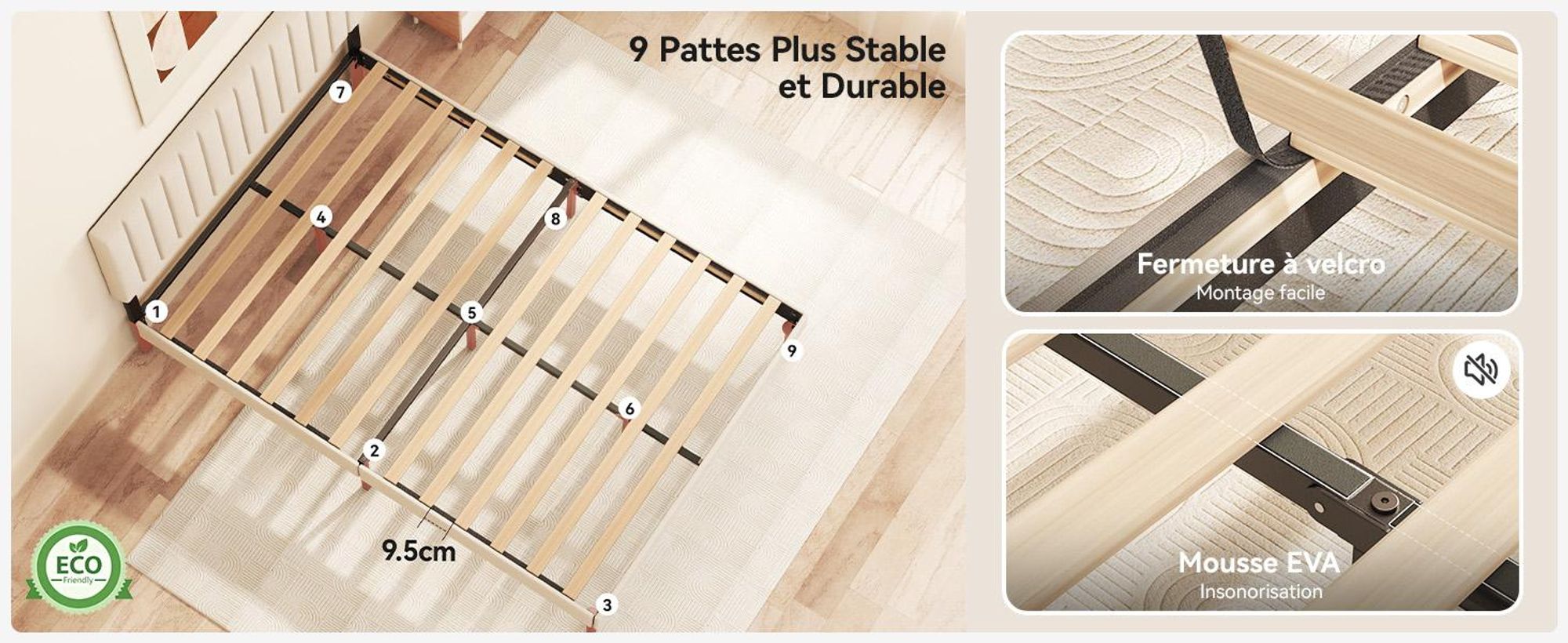 Lit rembourré 140 x 190 cm, sommier avec tête de lit réglable en hauteur et lattes, cadre de lit robuste, jusqu'à 500 kg, lit rembourré, beige