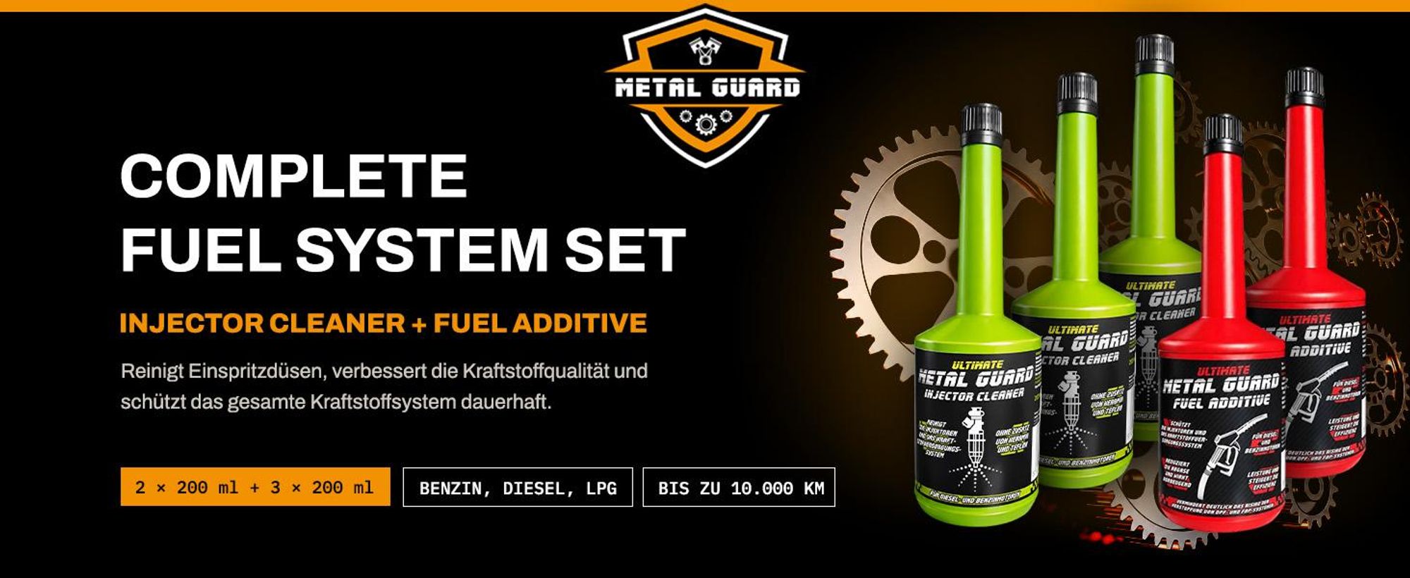Metal Guard Kraftstoffadditiv Set 1000 ml Diesel Benzin LPG Injektorreiniger DPF FAP für 10.000 km Einspritzdüsen Schutz