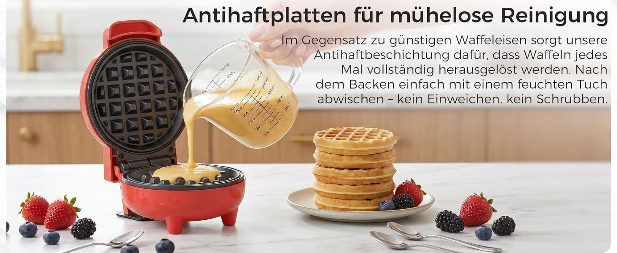 YASHE Mini Waffeleisen 550W, Antihaft-Waffelmaschine, Rot