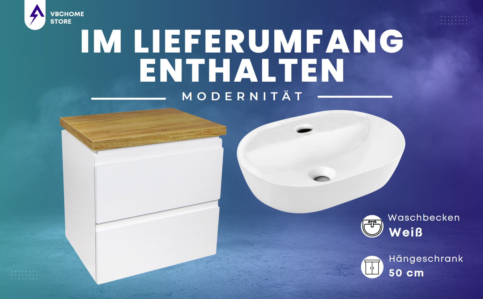 VBChome Badmöbel 50 cm Weiß Aufsatzwaschbecken mit Hahnloch 42x30 cm Aufsatzwaschtisch mit Waschbeckenunterschrank 2 Schubladen Badezimmerschrank