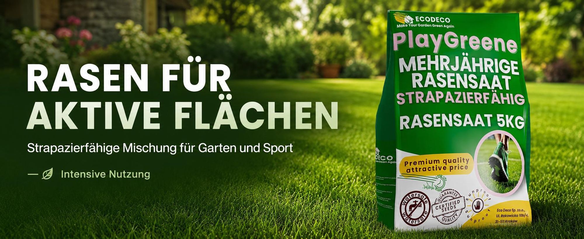 EcoDeco Rasensamen 5kg Sport und Spielrasen, schnellkeimender Rasensamen, selbstverdichtend, strapazierfähig, Rasenreparaturmischung