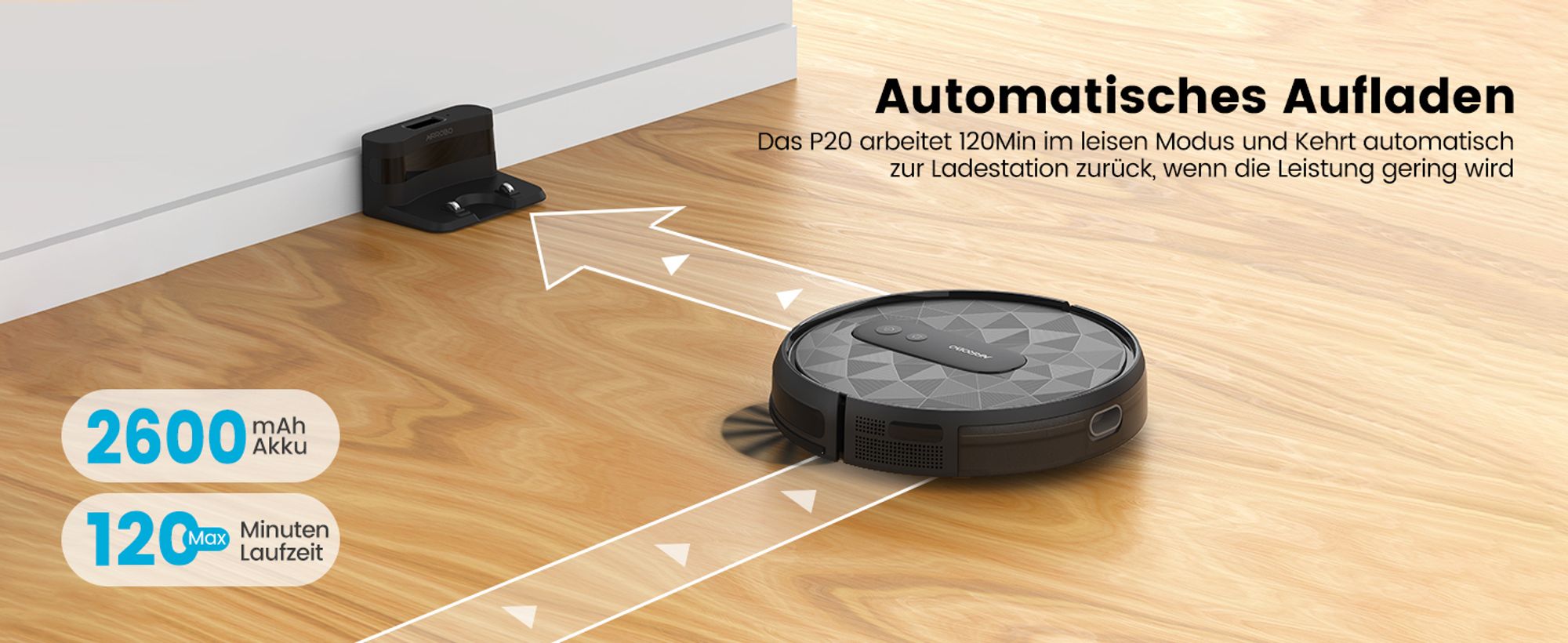 AIRROBO P20 Staubsauger Roboter 2800 Pa Starke Saugleistung Leiser Roboter-Staubsauger, Steuerung mit App/WiFi, 120 Minuten Laufzeit