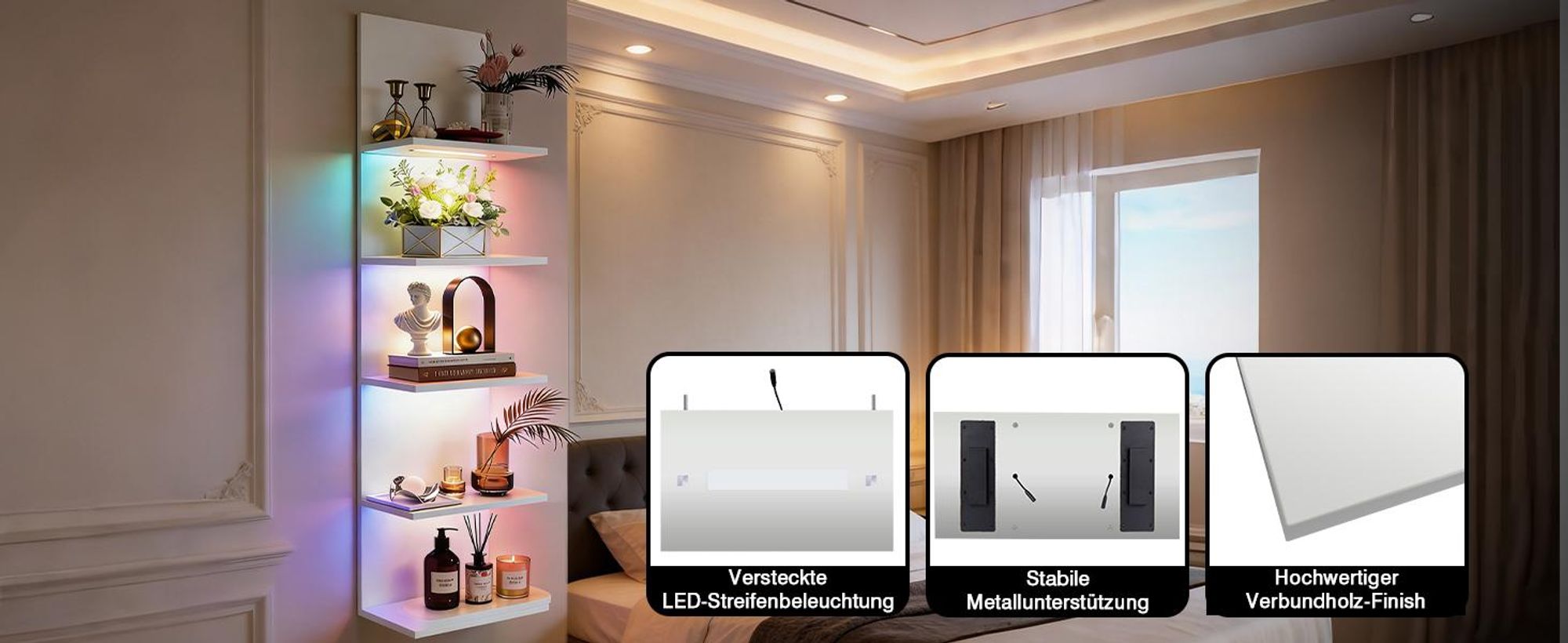 RGB+IC Wandregal Hängend 5-stufig Bücherregal Weiß mit Fernbedienung, 16 Mio. Farben Beleuchtung, Schweberegale für Wohnzimmer 30×18×117cm