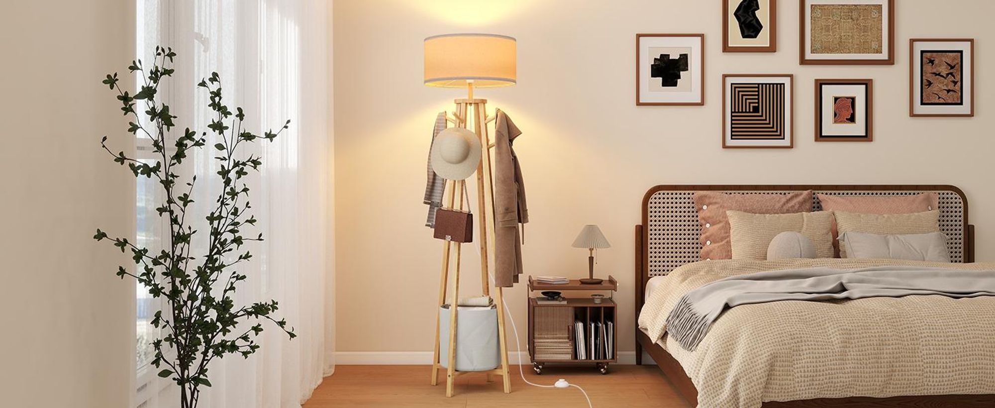Puluomis Stehlampe mit Garderoben-Ständer 176cm, 8 Haken & Stauraum, Leinen Lampenschirm E27 Fassung, Fußschalter, Für Wohnzimmer beige