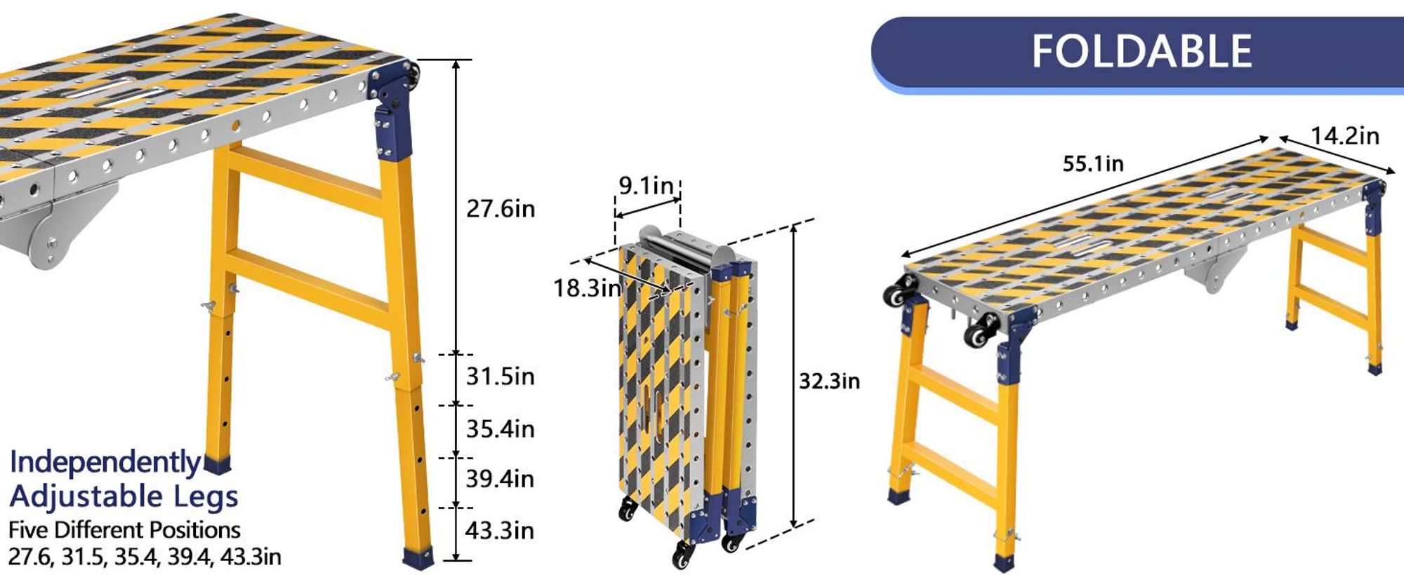 Arbeitsplattform Arbeitsgerüst Höhe 70–110cm Stehfläche 140x36cm, Arbeitsbühne mit Rollen, Rutschfest, Sicherungsstifte für Reparatur Reinigung usw.