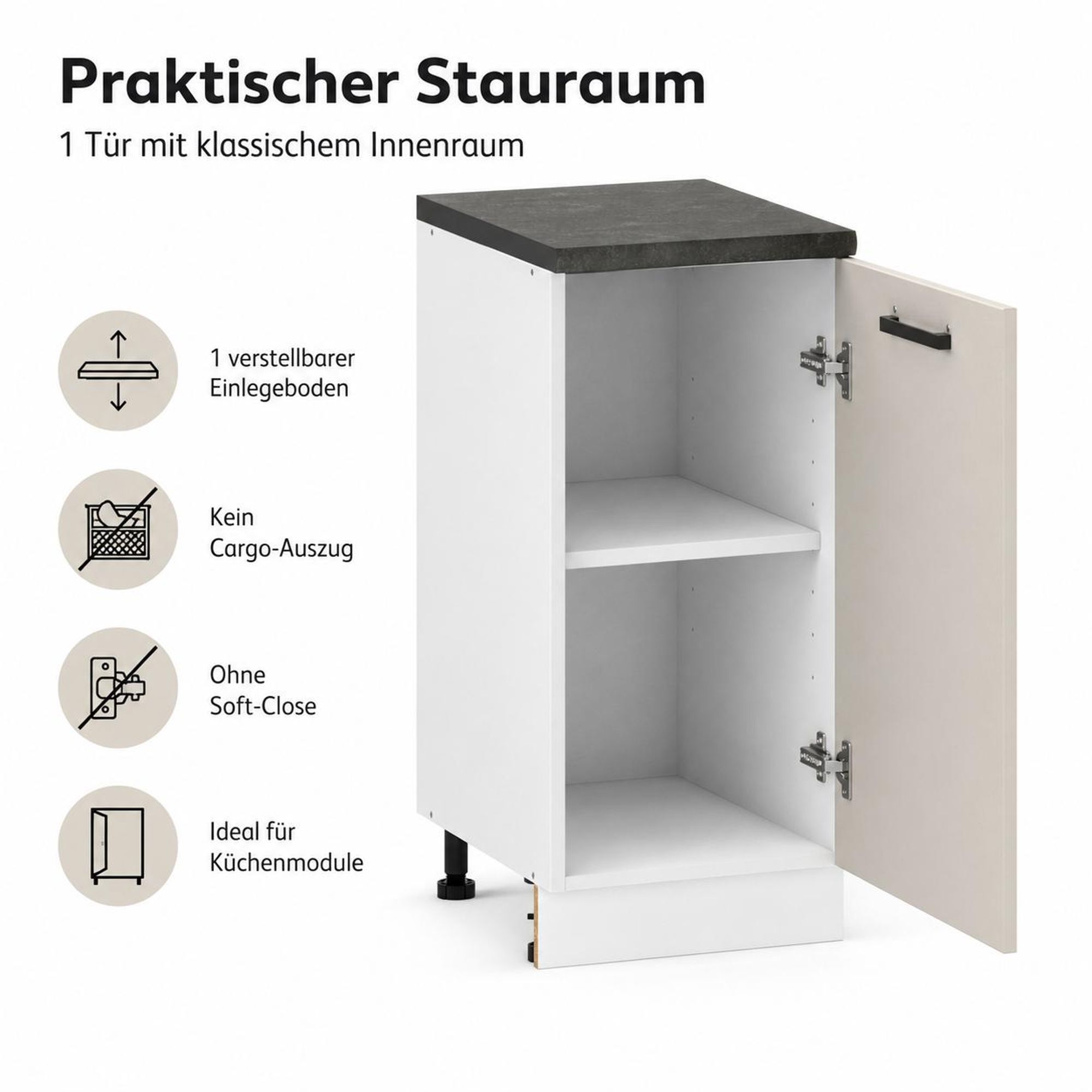 Küchenunterschrank Kaschmir Beige: Praktischer Stauraum mit verstellbarem Einlegeboden.