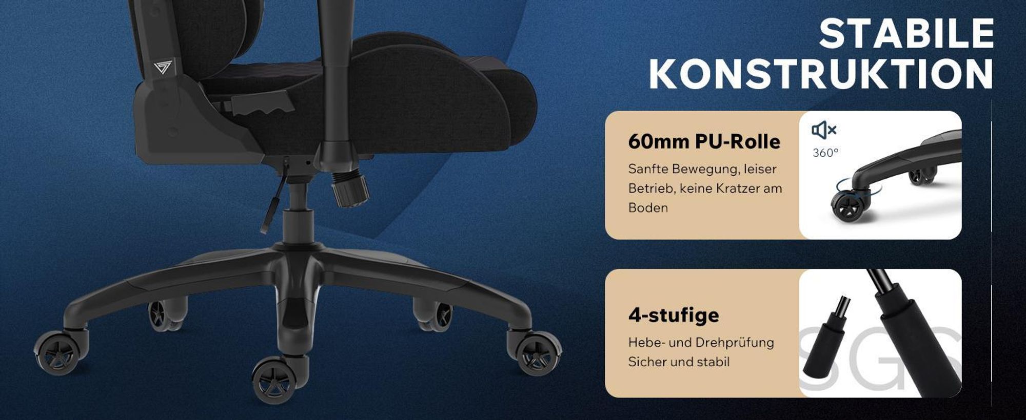 SENSE7 Spellcaster SENSHI Gaming Stuhl Stoff Schwarz - Ergonomischer Bürostuhl Schreibtischstuhl Zockerstuhl 150kg 2D-Armlehnen Chefsessel
