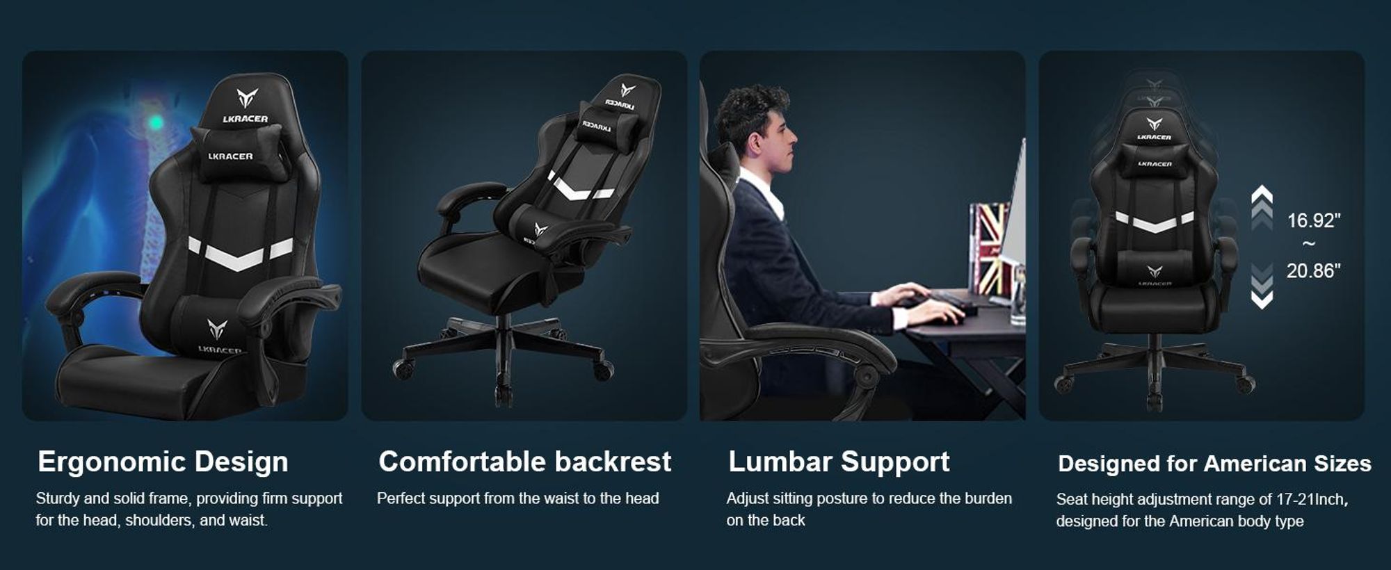 GTPLAYER Gaming Stuhl Bürostuhl Massage Gaming Sessel Ergonomischer Gamer Stuhl, Kopfstütze Massage-Lendenkissen, Gepolstert Gaming Chair, Drehsessel,