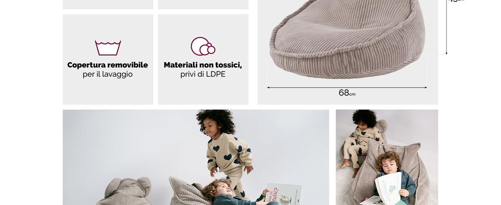 MISIOO Beanbag Kids - Big Bag Bean Bag - Lavabile - - Struttura robusta e morbida - Materiale a coste - 68x45 cm - Beige