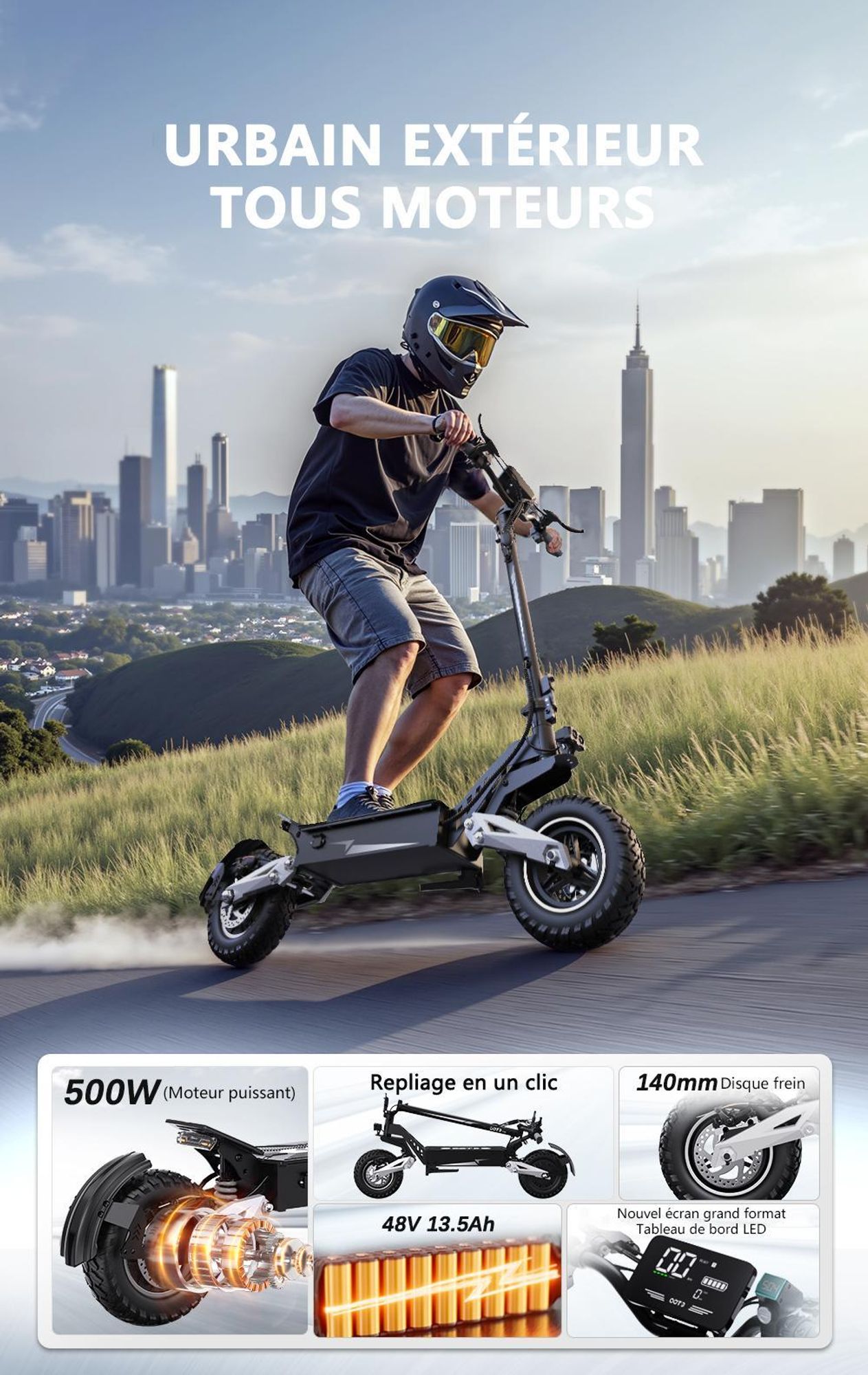 Trottinette Électrique OOTD T10 - Batterie 48V13.5AH 11" Pouces Roues Freins à Disque - Noir Gris