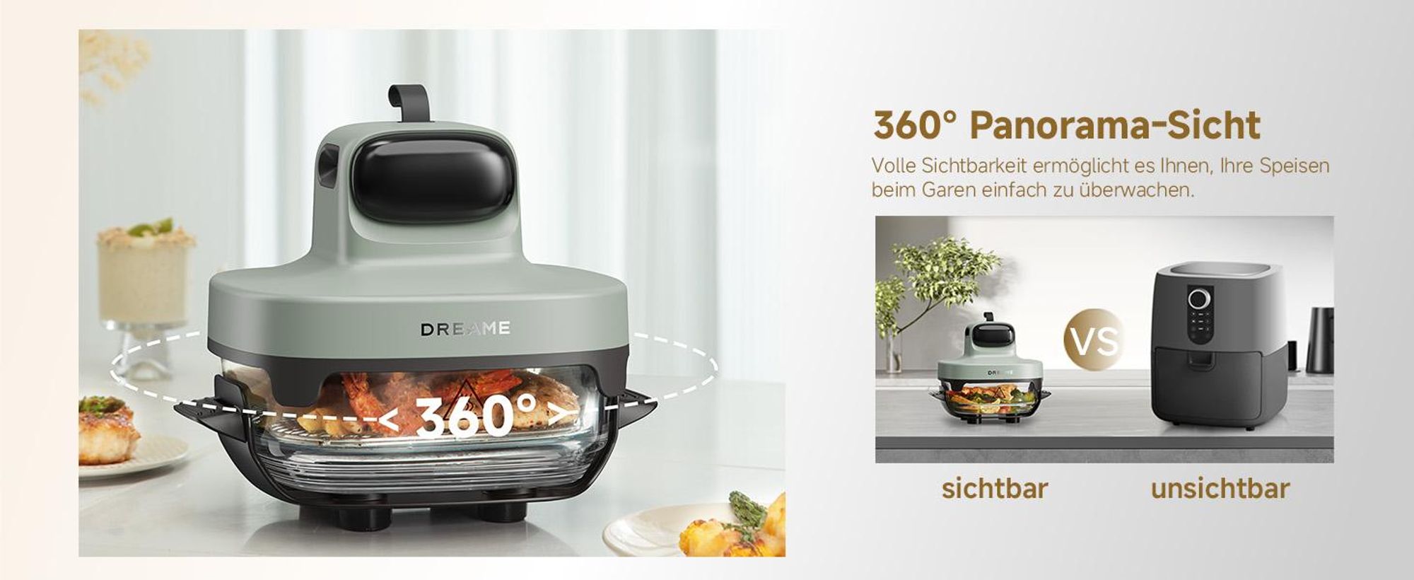 Dreame Tasti AirFryer 5-in-1 Heißluftfritteuse, 6mm starkes,tragbares Borosilikatglas,3D-Heißluftzirkulation,spülmaschinenfest,360° Sicht,2.5l ,Grün