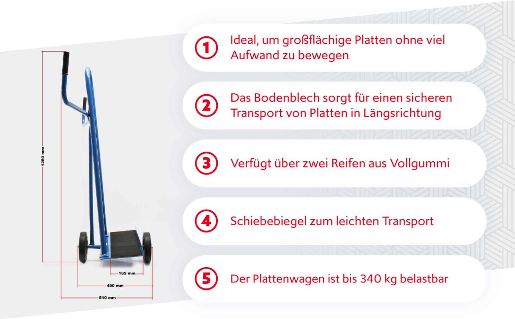 Wiltec Plattenkarren bis 300 kg mit 2 Vollgummi Rädern, Plattenwagen zum Transport großflächiger Platten u. v. m.