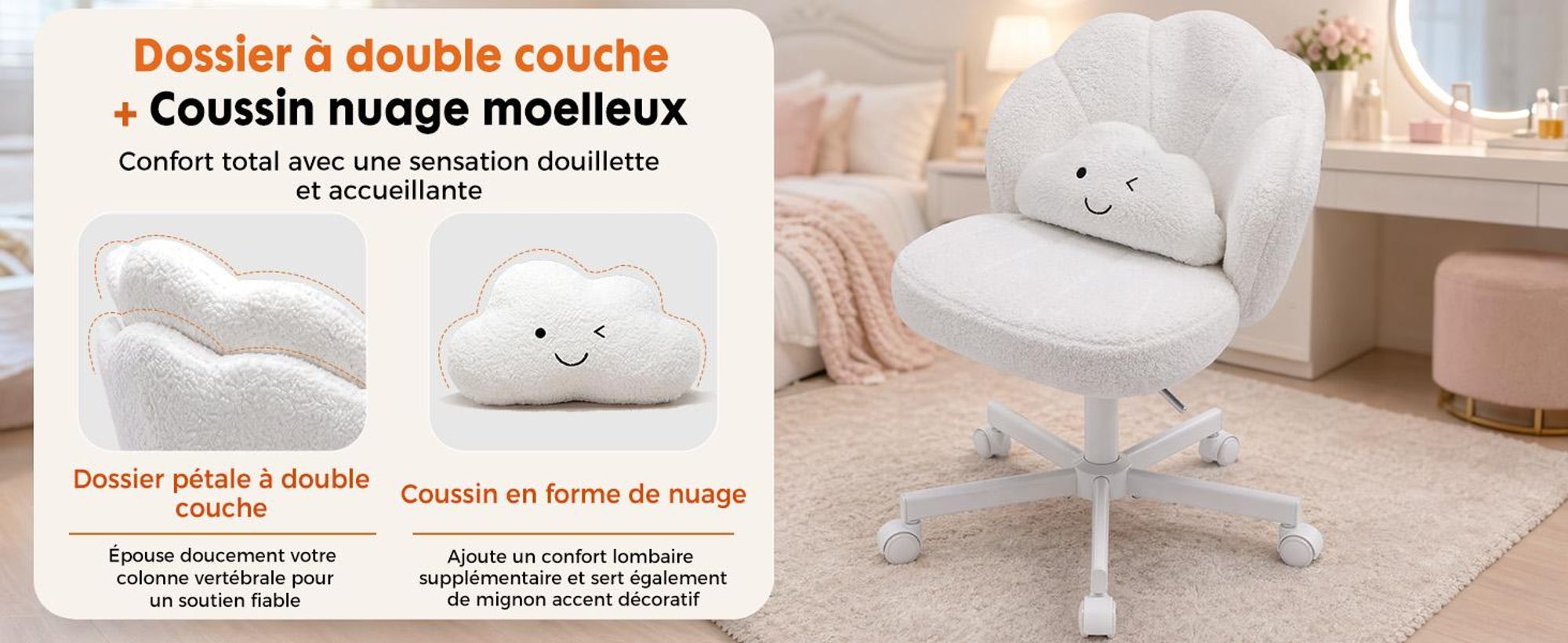 Chaise de bureau COMHOMA, chaise de maquillage à roulettes avec double dossier et coussin moelleux, chaise pivotante réglable en hauteur, tissu Teddy, blanche