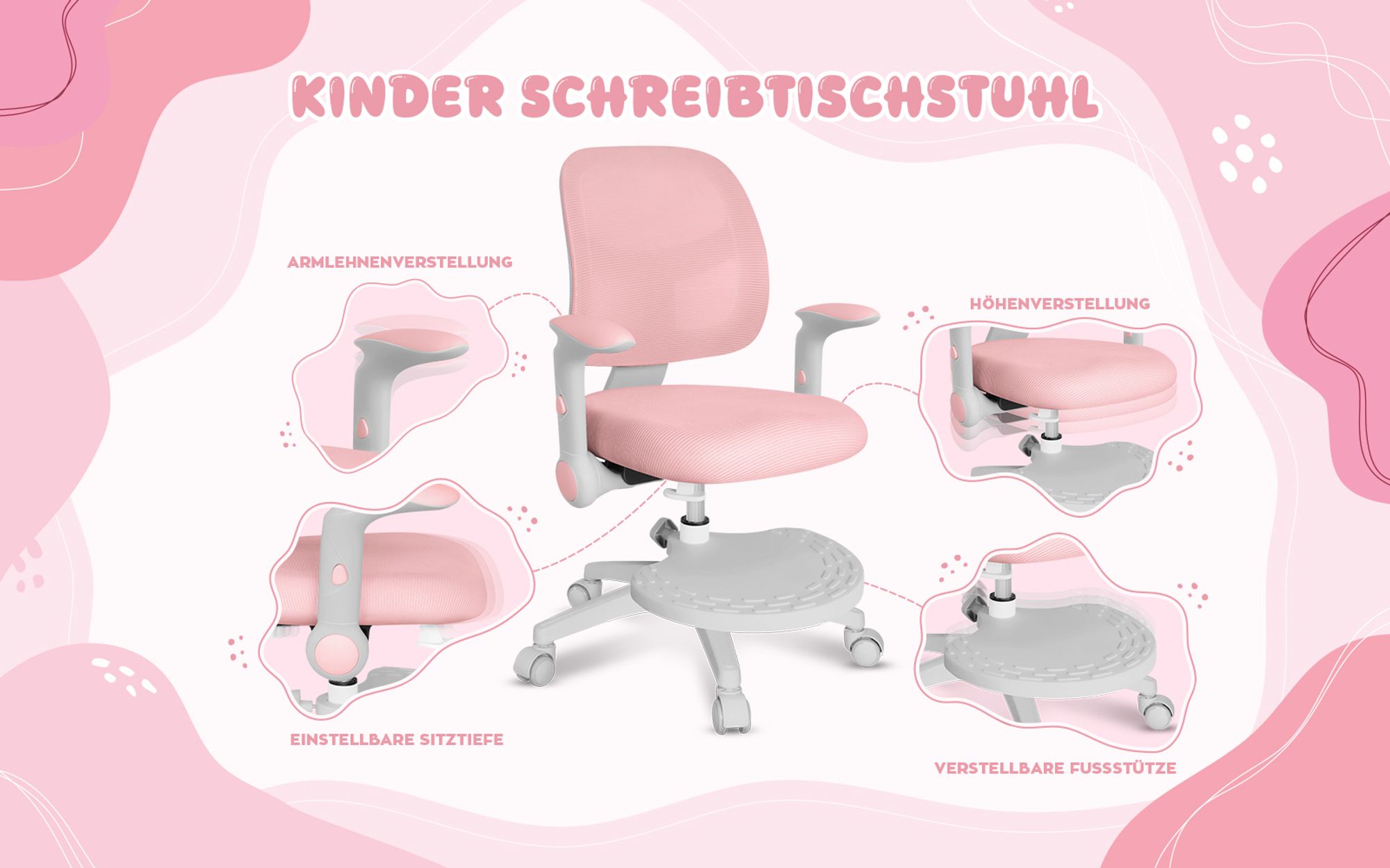 Mark Adler Junior 5.0 | Kinder Schreibtischstuhl Ergonomischer Kinderdrehstuhl | Fußablage | Sitztiefe einstellen | Verstellbare Armlehnen | Rosa