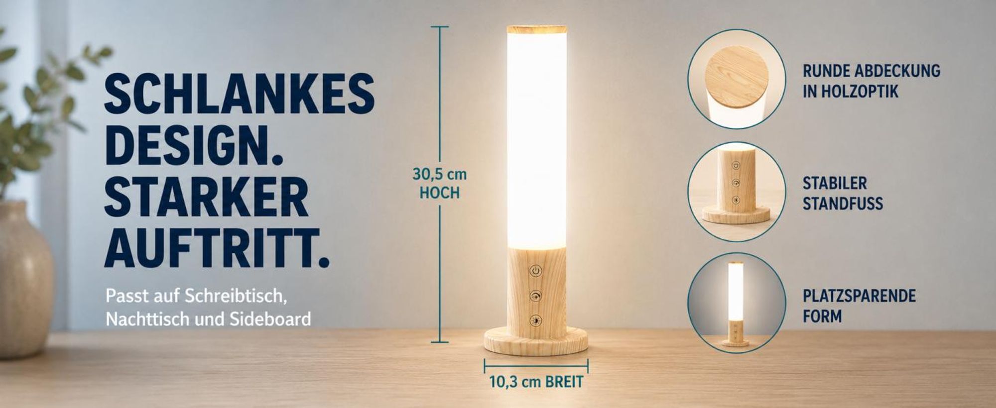 Lichttherapielampe 10000 Lux, 360° Tageslichtlampe in Holzoptik für den Schreibtisch, UV-frei, 3 Farbtemperaturen, 5 Stufen & stufenlos dimmbar, Touch