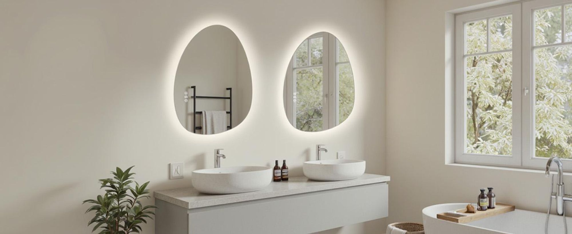 S'AFIELINA 60×45 cm Asymmetrischer Spiegel LED – Badspiegel mit Beleuchtung, Dimmfunktion, horizontal/vertikal montierbar, Antibeschlag,Bad & Flur