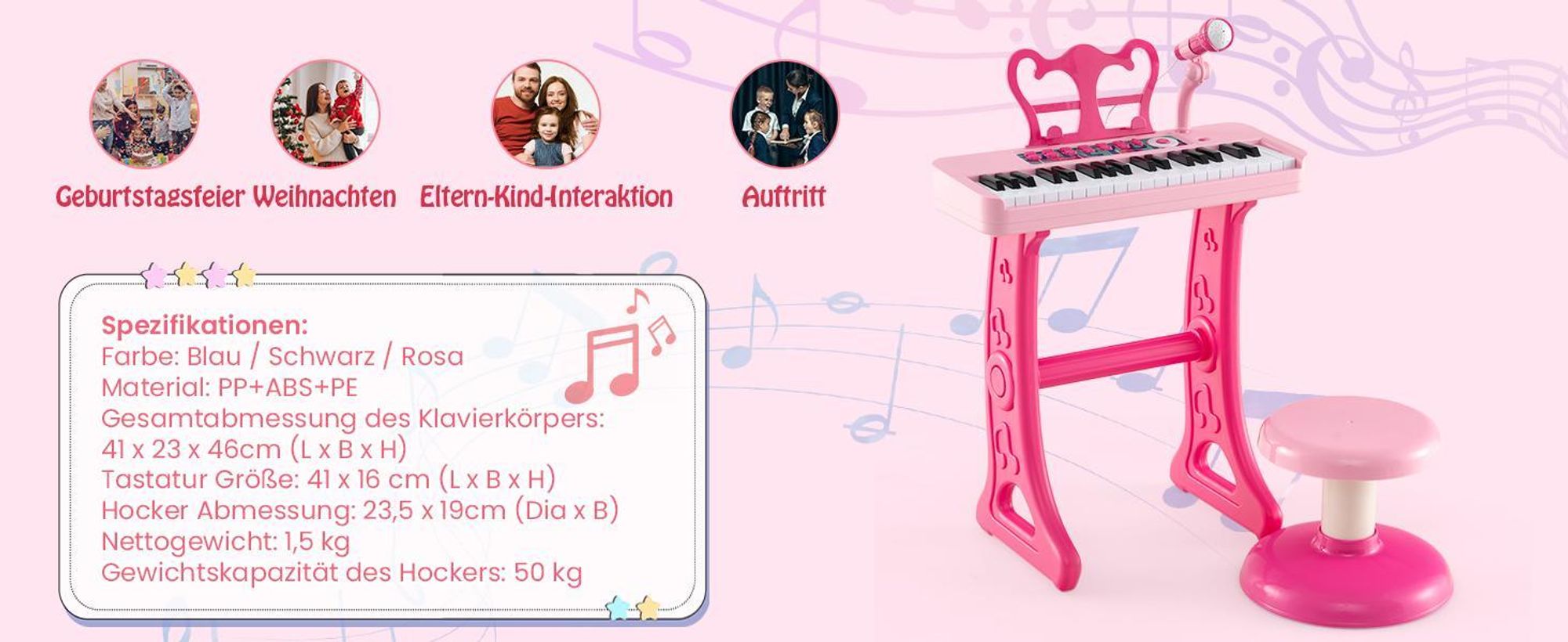 Kinder Keyboard, 37 Tasten E-Piano mit Notenständer & Mikrofon & Hocker, Klavier Spielzeug für Kinder ab 3 Jahren, Belastbar bis 50kg (Blau)