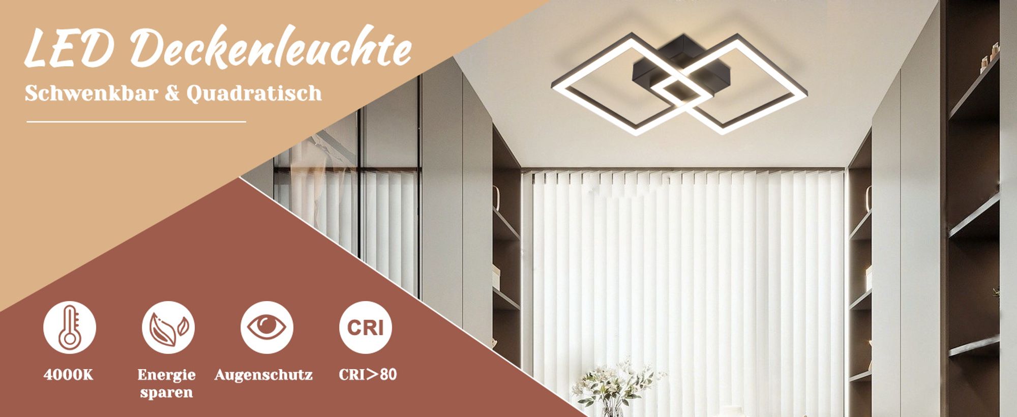 ZMH LED Deckenleuchte Flurlampe Deckenlampe Schwarz Wohnzimmerlampe 24W 4000K Küchenlampe Modern Neutralweiß Schlafzimmerlampe Eckig Deckenbeleuchtung