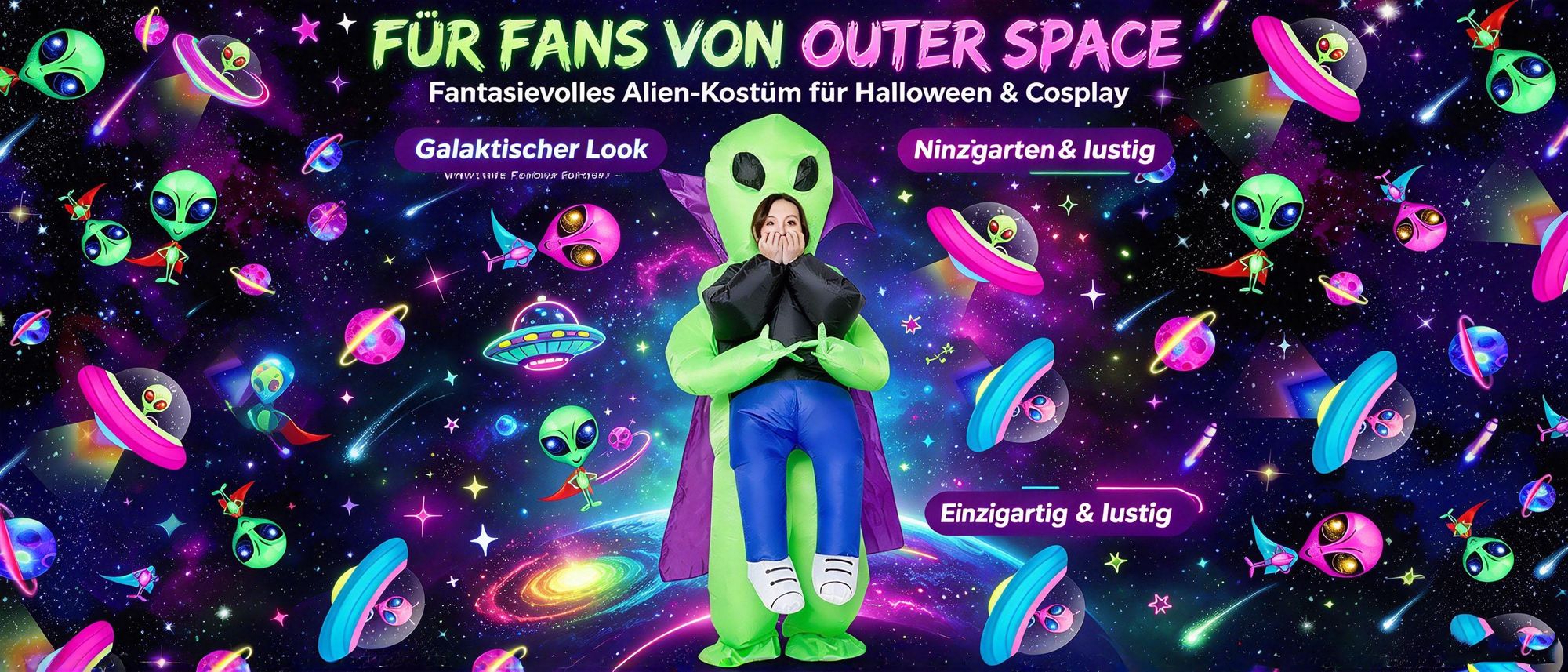 Juksun Alien Kostüm 150-190cm für Erwachsene Polyester grün aufblasbar mit Umhang für Halloween Karneval Party