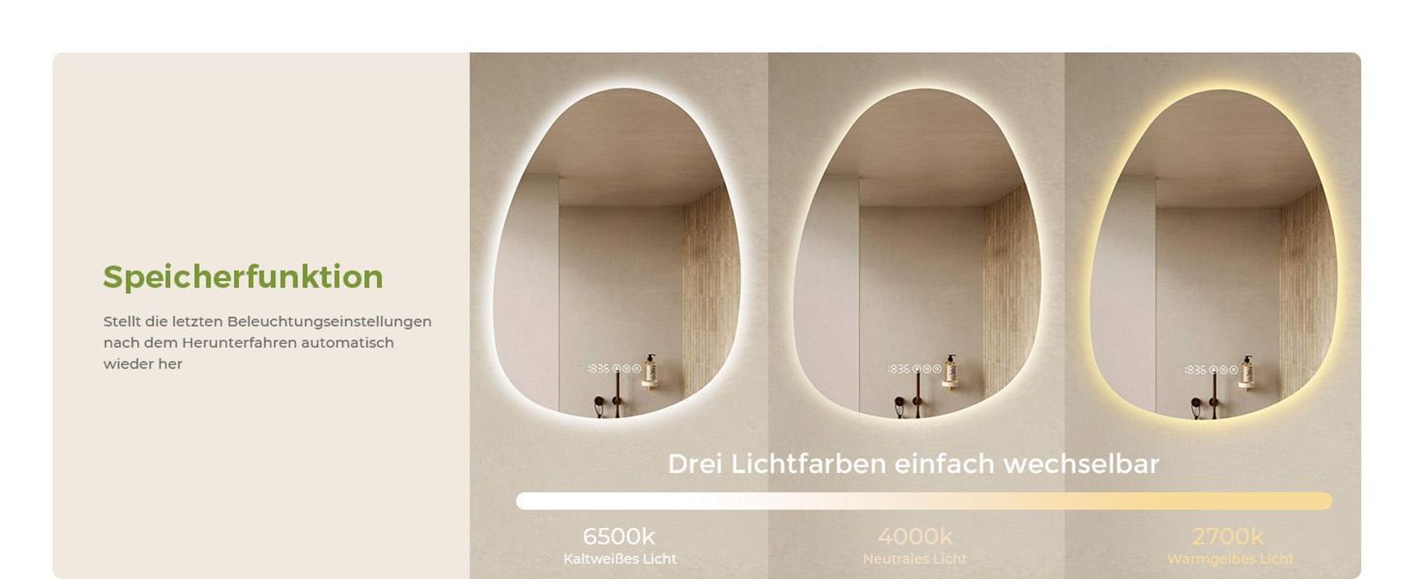 S'AFIELINA 75 x 55 cm Badspiegel mit Beleuchtung Asymmetrisch mit 3 Lichtfarben dimmbar, beschlagfrei, Bluetooth, Uhr, Temperatur, Speicherfunktion