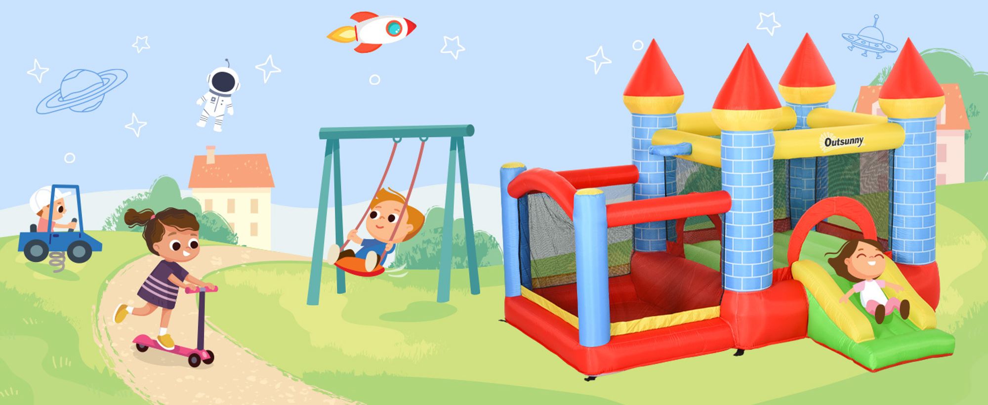 Outsunny Aufblasbare Hüpfburg mit Rutsche Pool für 3 Kinder Burg mit Gebläse