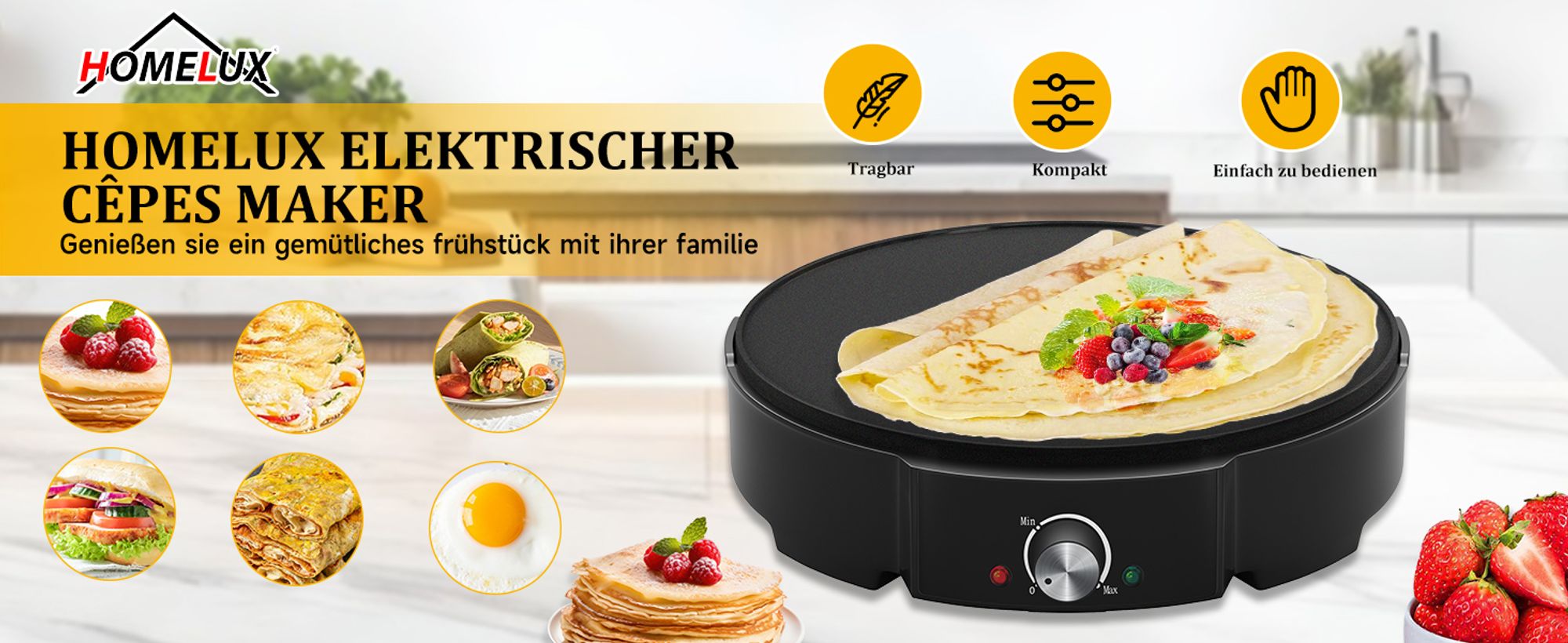 HOMELUX Crêpes Maker für Crepes mit Ø 30 cm, 1200 W Crêpes-Maker inkl. Teigverteiler & Crêpes-Wender, Antihaftbeschichtung, Temperaturregler