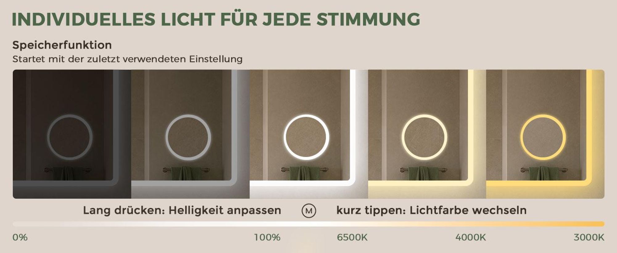 S'AFIELINA Badspiegel mit Beleuchtung und Bluetooth 5.3, 120 × 60 cm, 3× Kosmetikspiegel, Antibeschlag, 3 Lichtfarben, dimmbar, Touch & Memory